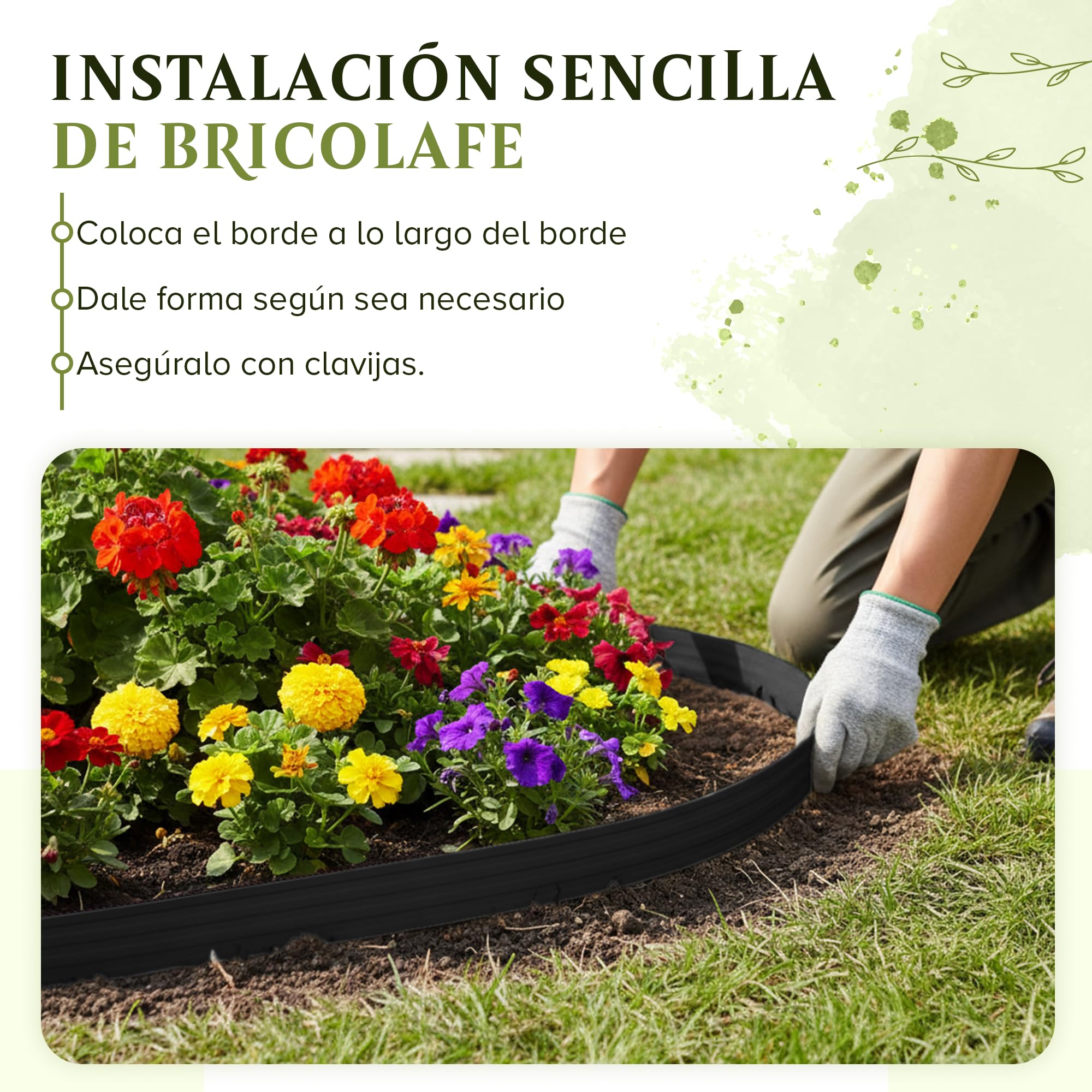 Borde Flexible para césped (10 m, 40 Anclajes de Tierra, 8 cm de Altura), de plástico Negro, Resistente a la Intemperie, Borde Redondo, bordillo Redondo para césped, remate de Corte