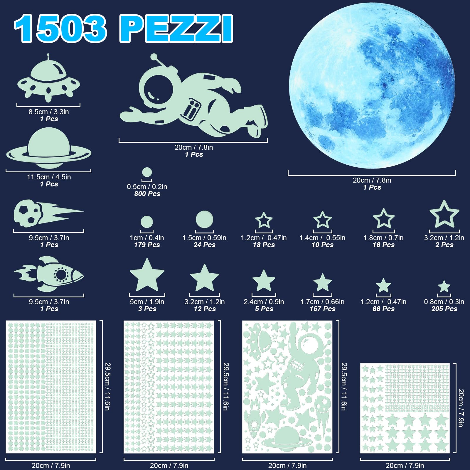 1503pz Stelle Fluorescenti Adesive Soffitto, Luna e Astronauti Adesivi luminescenti, Stelle luminose Adesivi murali per la decorazione della stanza dei bambini (Blu)
