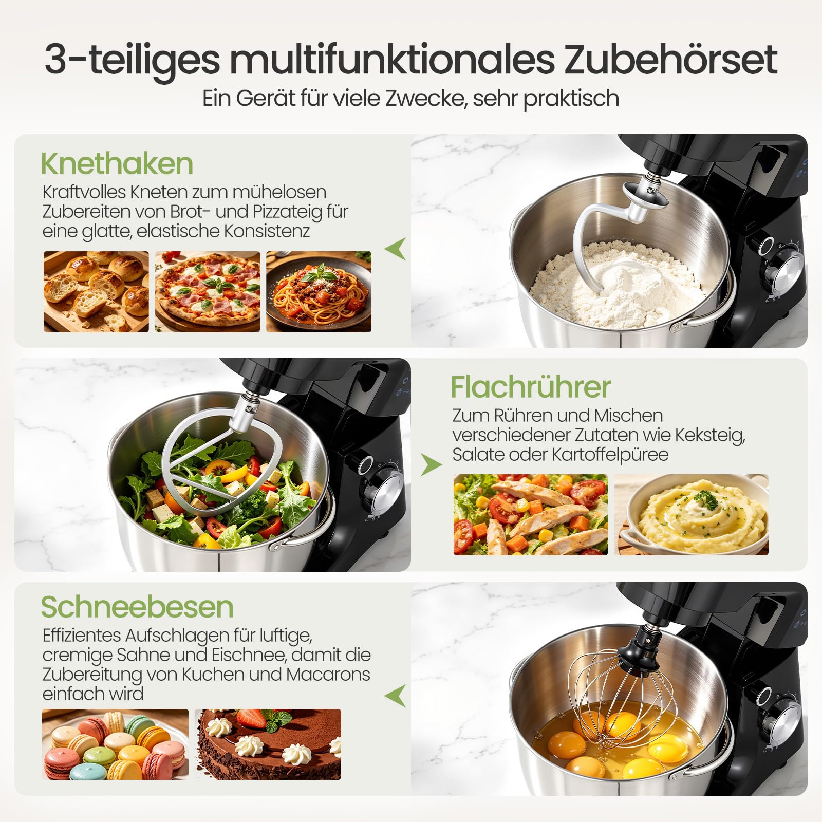 LLIVEKIT 1500W Küchenmaschine, 5,2L Edelstahl-Rührschüssel, Knetmaschine Rührmaschine mit 10 Geschwindigkeiten + Pulsfunktion, Überhitzungsschutz, Multifunktional Haushalts-Backgerät