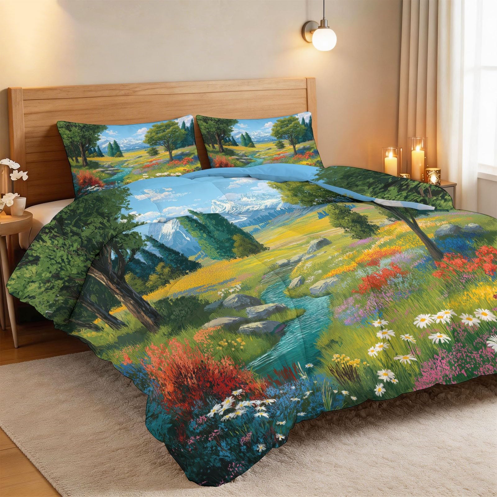 Generisch Bunte Wiese Bach Bettdecke 200 x 200 cm 4 Jahreszeiten Steppdecke, Cartoon Waschbare Ganzjahresdecke Kinder Erwachsene Bettwaren Set Kinderzimmer Familienzimmer Bettdecke Ohne Bezug