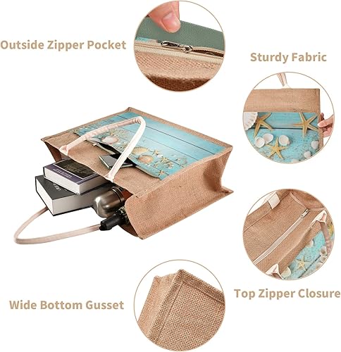 Vista 3 de CaTaKu Bolsa de yute de madera marina con asas y cremallera, bolsa de arpillera reutilizable para compras con bolsillo frontal de lona para viajes