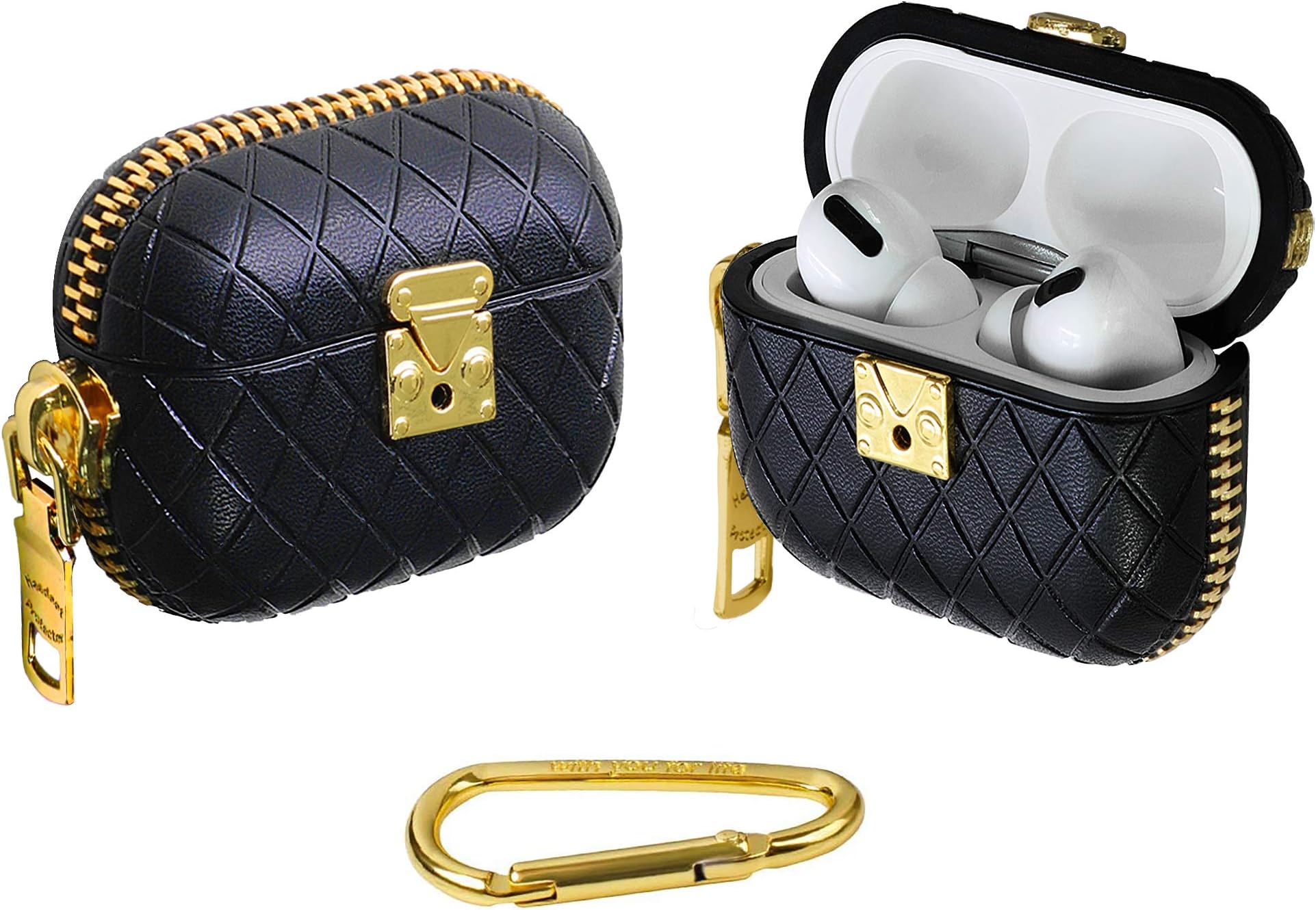 WEISHIJIE Case for AirPods Pro, Airpods 3, Genuine Leather AirPods Case with Argyle Pattern & Electroplating Metal Keychain & Gold Buckle (Black)