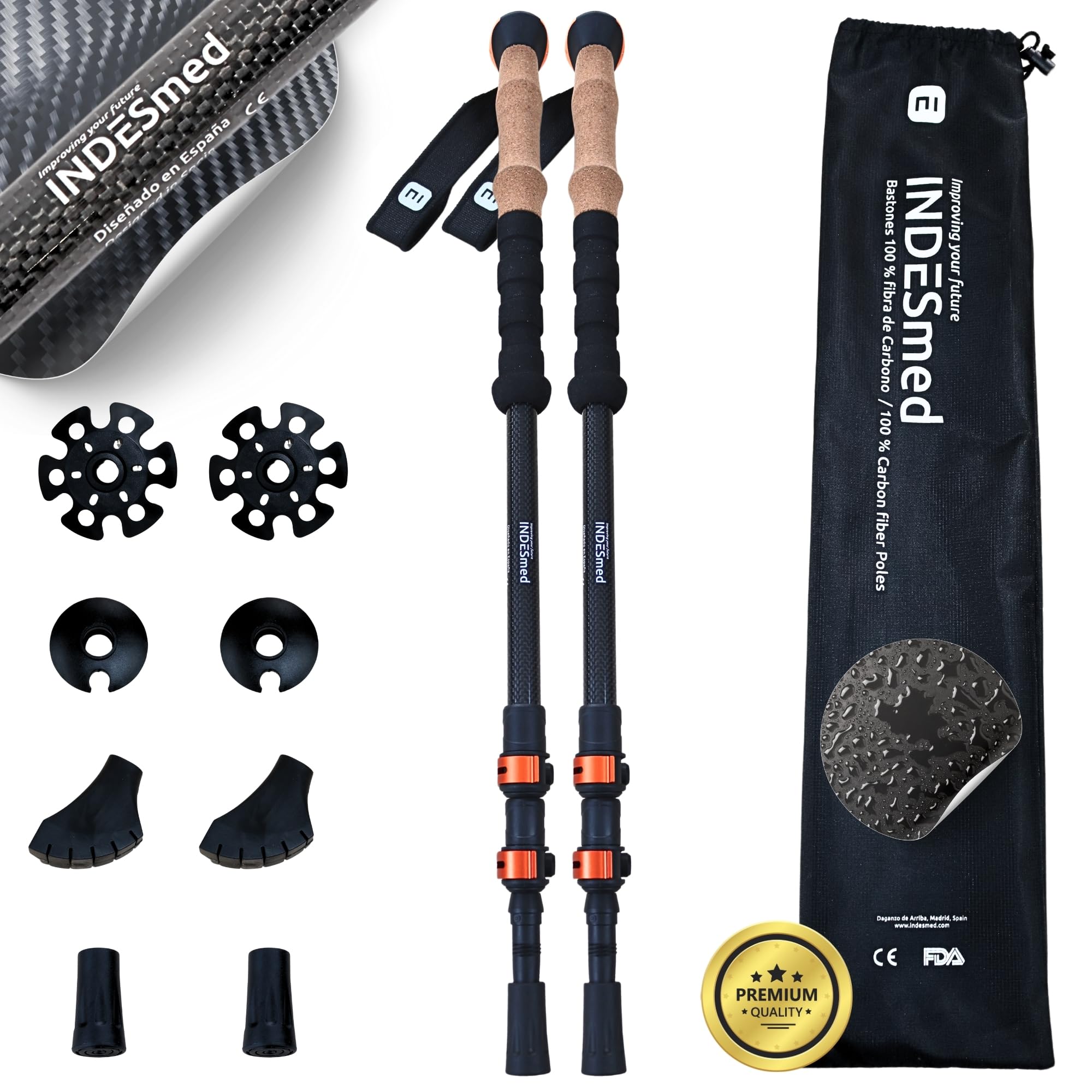 INDESmed | 100% Carbon Fiber Trekking Poles Collapsible (2x) – Ultralight, Telescopic & Adjustable with Quick Metal Lock | Hiking Poles for Mountain Trails, Trail Running & Nordic Walking (Orange)