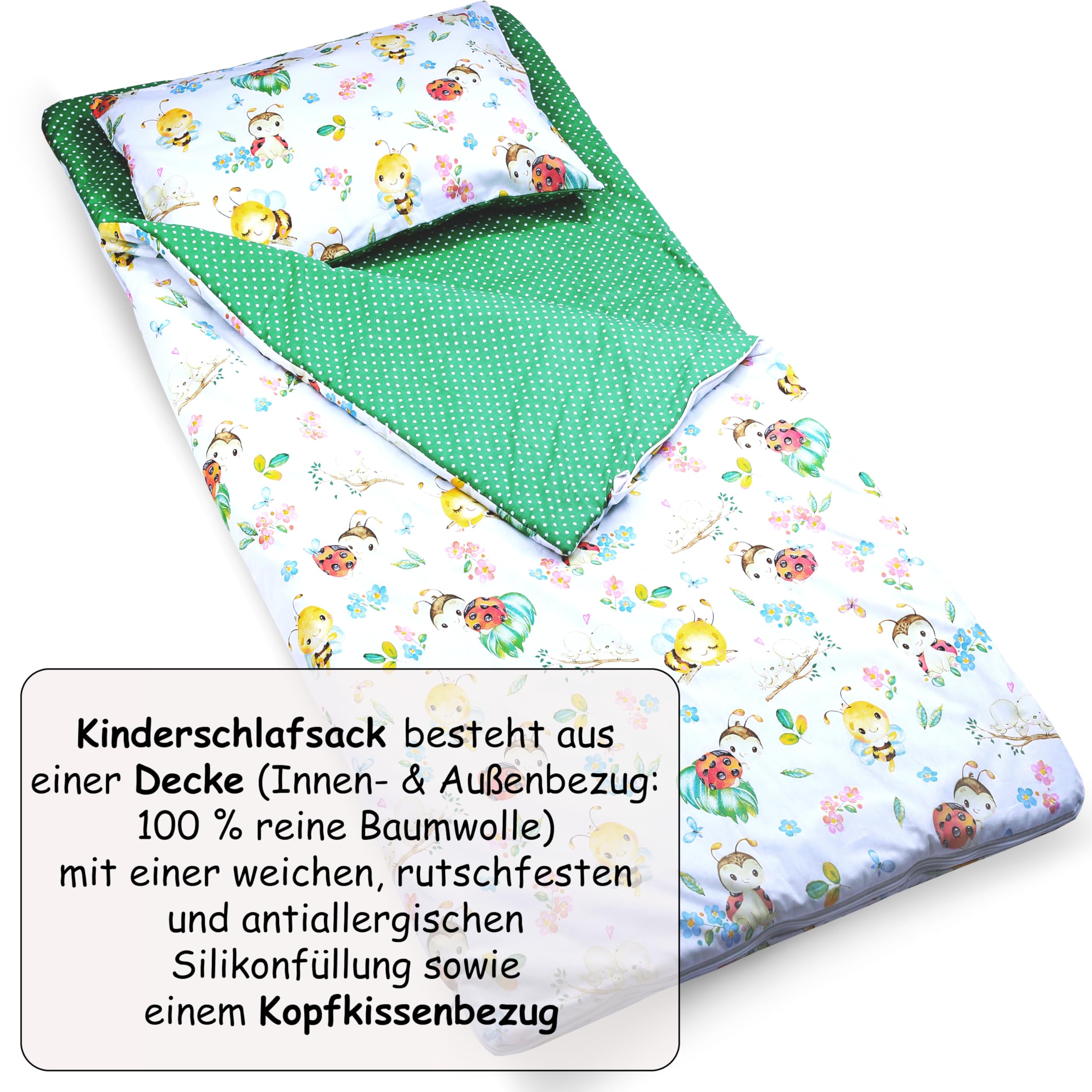 PinkZebra Schlafsack Kinder 140 x 75 cm + Kissenbezug 60 x 40 cm & Beutel, Indoor für Kindertagesstätte Kindergarten Deckenschlafsack, (bis 135 cm 