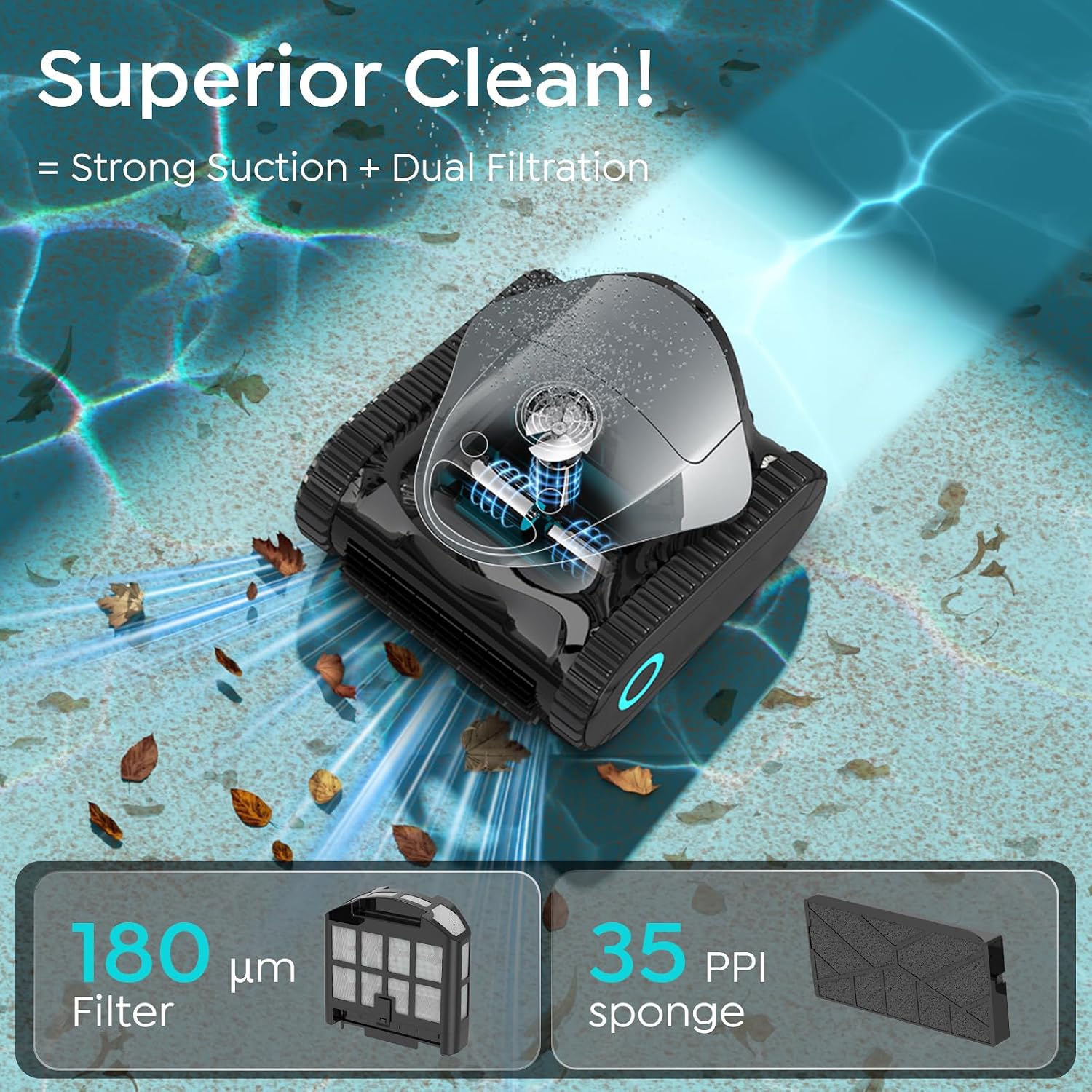 [2026 NEW]  C1 Pool Robot Vacuum with 180Mins, Titanium Gray | 7-in-1 Cordless Robotic Pool Cleaner with Dual Filters, APP, Wall & Waterline Cleaning, for Inground Pools up to 1,615 Sq.ft thumbnail