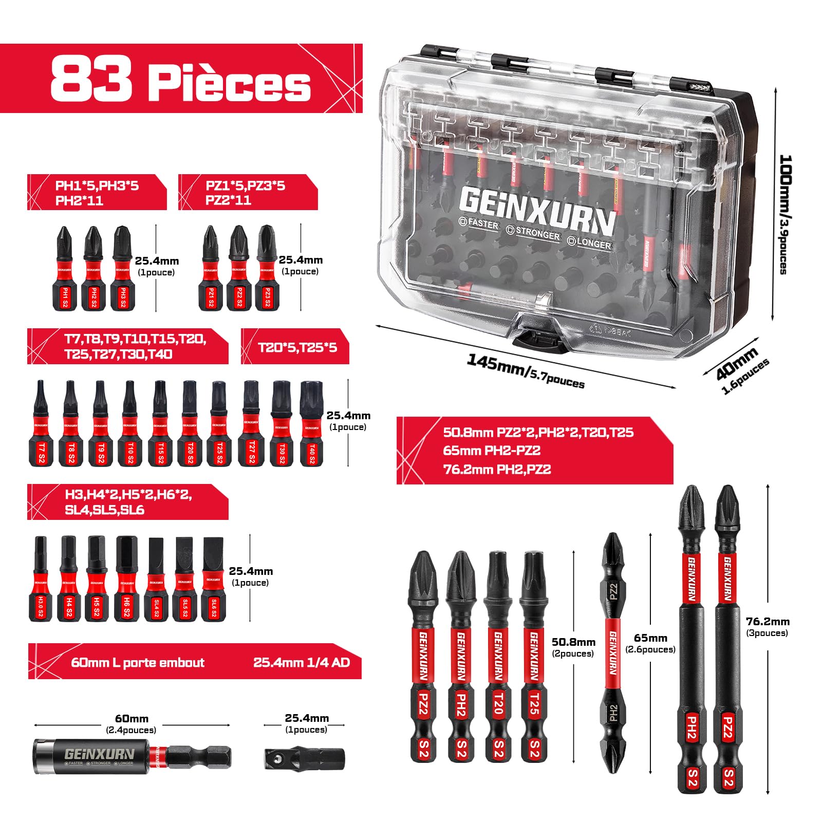 GEINXURN 83 Pièces Coffret d’embouts de Tournevis en Acier S2 Magnétique Torx/Phillips/Pozidriv/Plat/Hex Embouts de Vissage, Porte-embout, Adaptateur de Douille avec Boîte de Rangement Noire