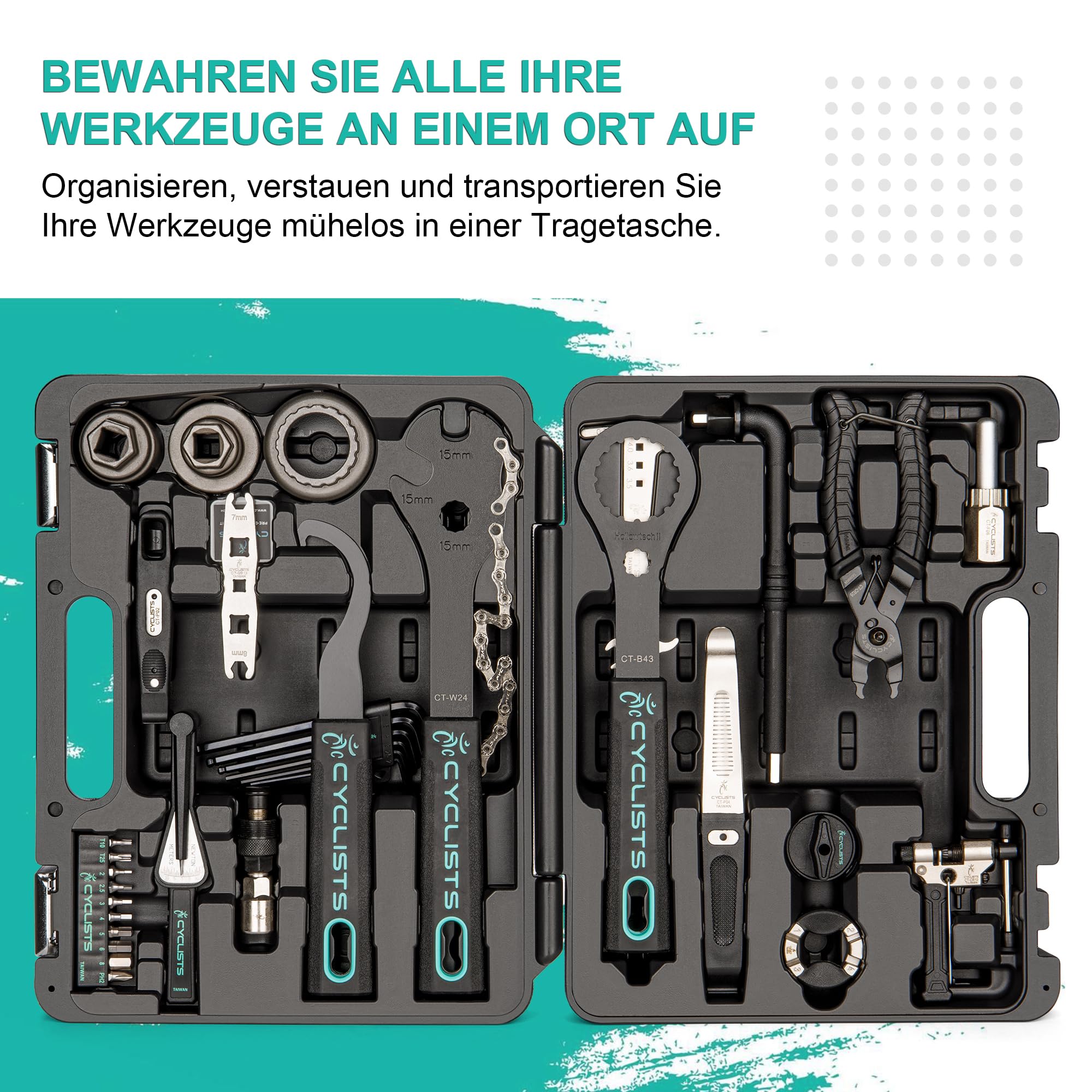 cyclists Professionelles Werkzeugset für E-Bikes – 33-teiliger Fahrrad-Reparatur-Werkzeugsatz für Rennräder und Mountainbikes, zur Reparatur von Reifen, Bremsen, Ketten, Pedalen und Kurbelabzieher