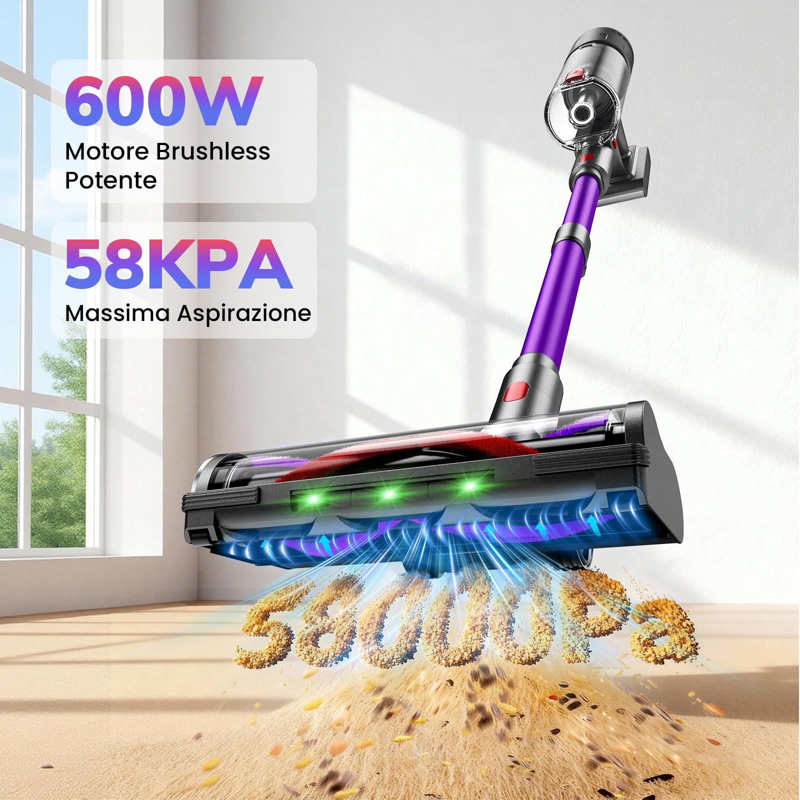 Aspirapolvere Senza Fili, 600W/58000Pa, Scopa Elettrica Senza Fili 75 Min, Aspirapolvere Senza Filo con LED Touchscreen, Autoportante Anti-Avvolgimento per Tappeti/Pavimenti/Peli Animali
