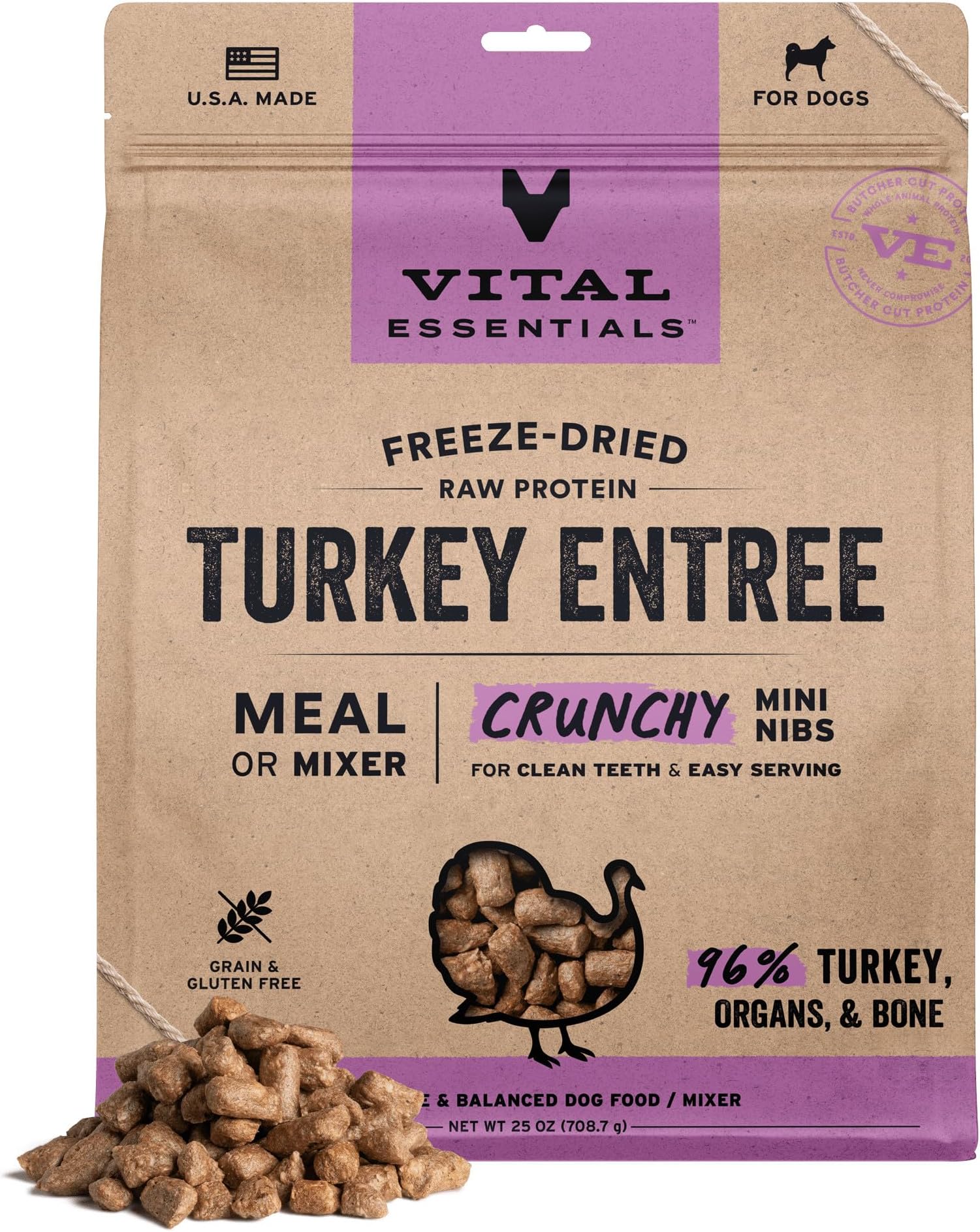 Vital Essentials Freeze Dried Dog Food, Raw Turkey Crunchy Mini Nibs | Complete Meal or Topper | 96% Turkey, Organs & Bone | Limited Ingredient, High Protein, Grain Free Dry Dog Food | 25 oz Bag