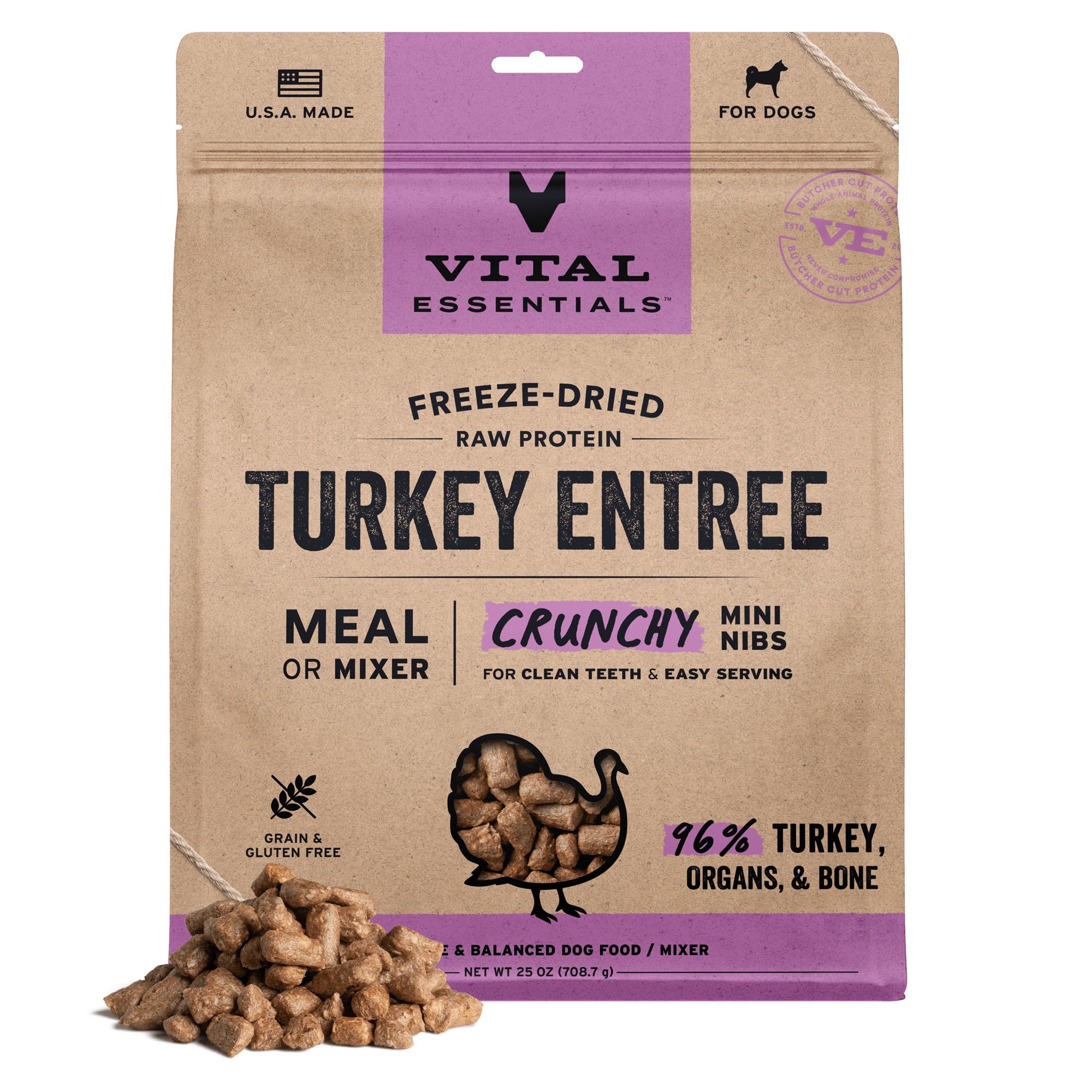 Vital Essentials Freeze Dried Dog Food, Raw Turkey Crunchy Mini Nibs | Complete Meal or Topper | 96% Turkey, Organs & Bone | Limited Ingredient, High Protein, Grain Free Dry Dog Food | 25 oz Bag