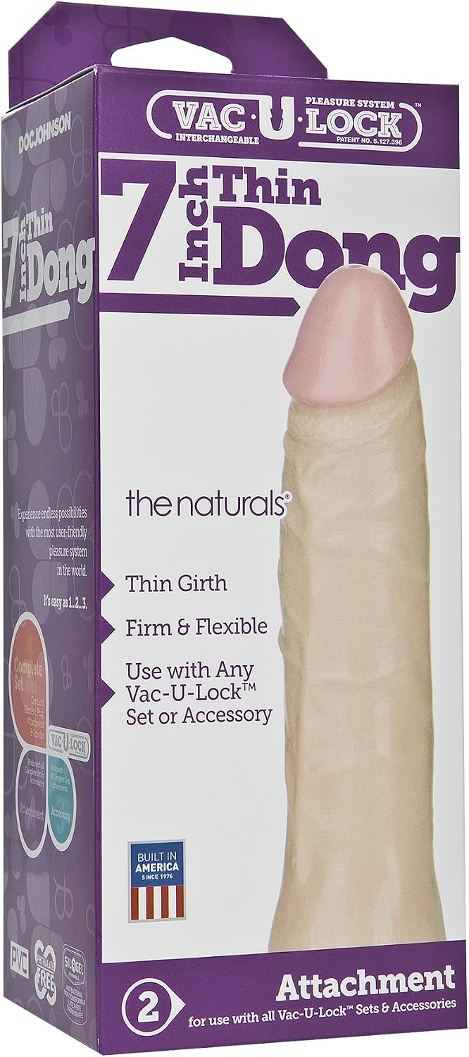 Doc Johnson Vac-U-Lock - 7 Inch Thin Dong - PVC - F-Machine and Harness Compatible Dildo - Vanilla