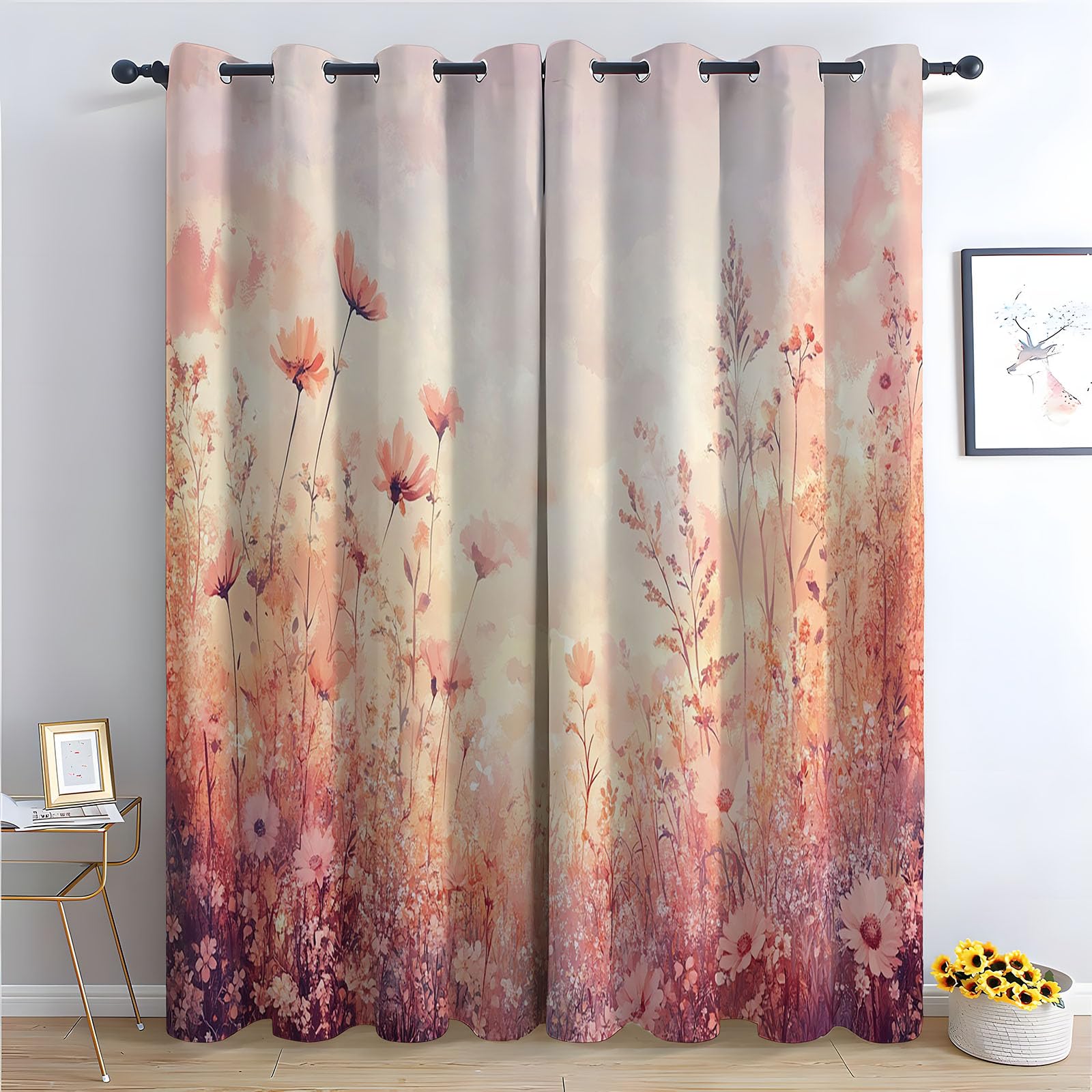 WQBQKKX 80% Blackout Curtains for Bedroom Flowers Green Patterned Curtains Vintage Art Deco Drapes Thermal Insulated Room Darkening Curtain-52 W x 84" L (Pack of 2)