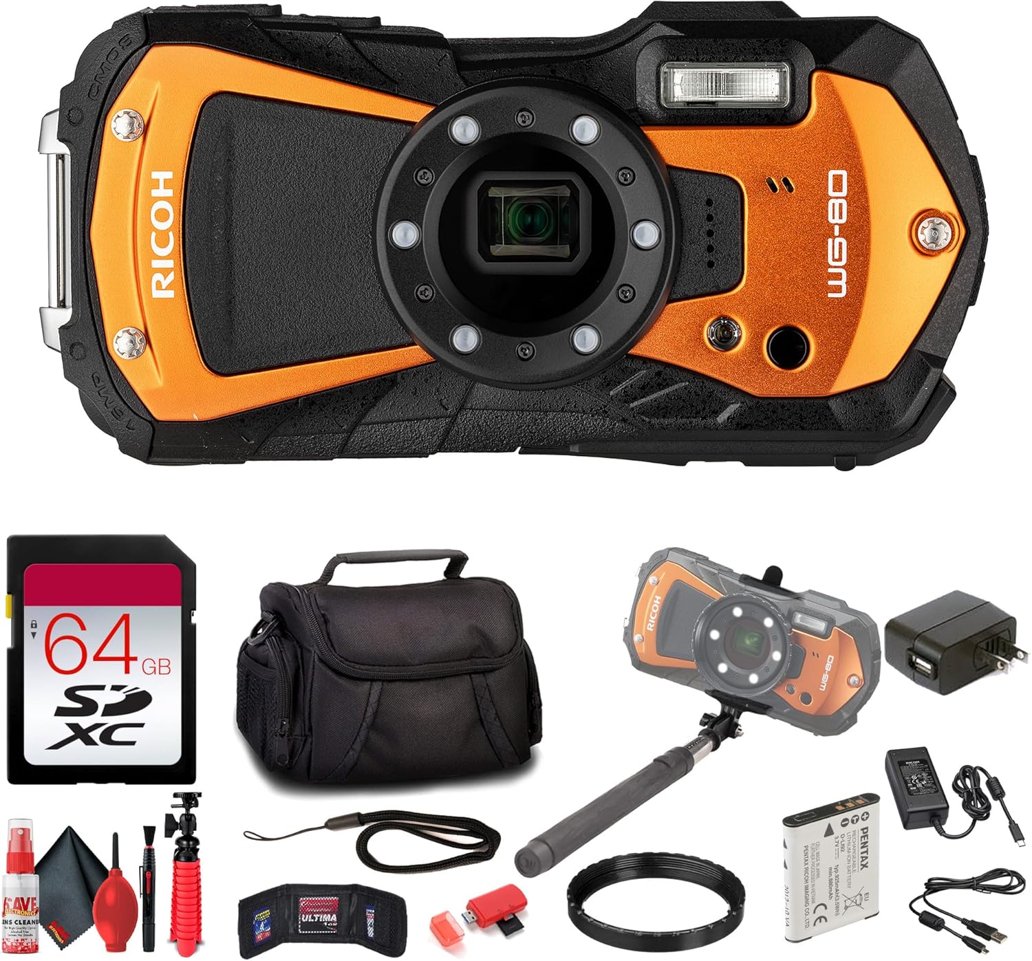 Ricoh WG-80 Rugged Waterproof Digital Camera (Orange) Shockproof Freezeproof Compact Design | Full HD Video LED Macro Lights for Outdoor Travel Adventure + 64GB Card + More (12 Pc Bundle)