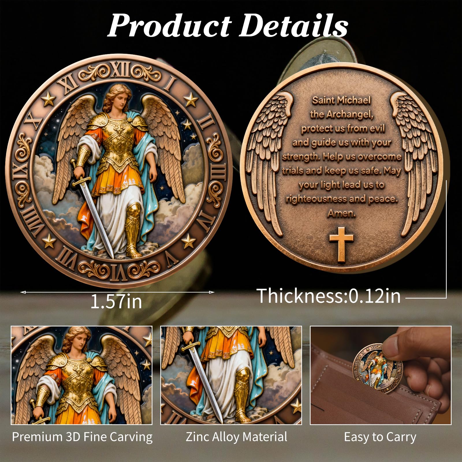 Moneda de protección del arcángel de San Miguel, moneda de ángel de la guarda con oración de San Miguel, moneda religiosa cristiana con funda protectora transparente, acabado antiguo