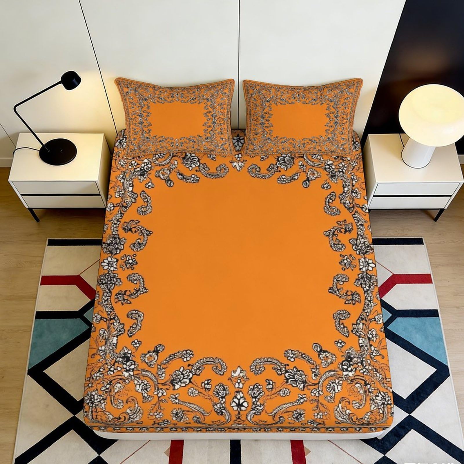 Dhbaneiok Style-9 3D Printed Boho Mandala Fitted Sheet Microfiber Orange Floral Pattern Mattress Cover For Bedroom Guest Room Decor 90X200x25cm