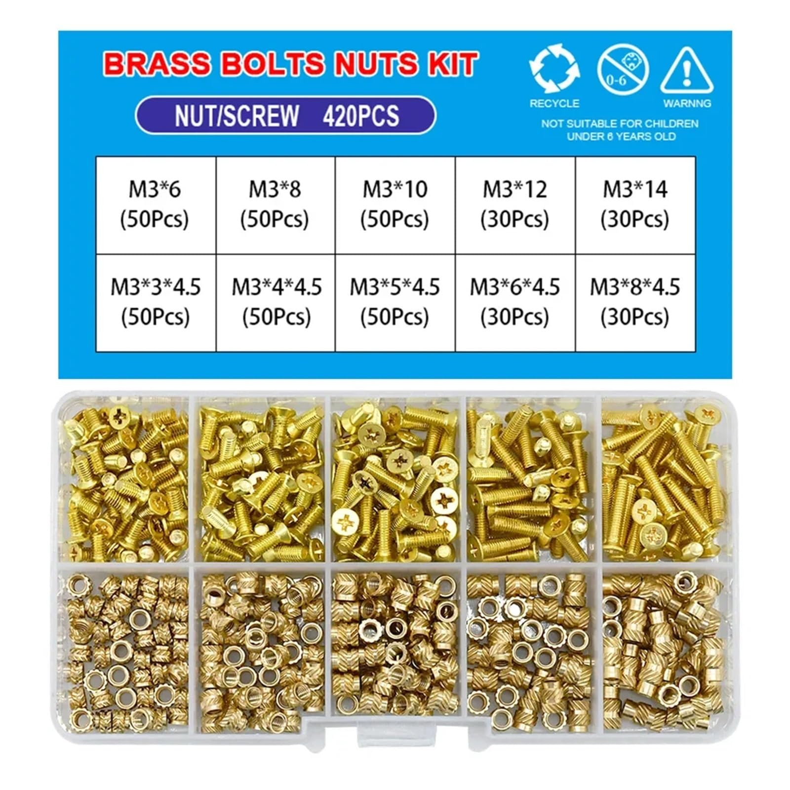 Juego de tuercas inserción latón M2 .5 M3 M4 M5, tornillos avellanados, pernos, kit surtido, rosca moleteada termofusible, tuerca inyección calor, perno Juego de Tornillos y Tuercas(M3B 420Pcs)
