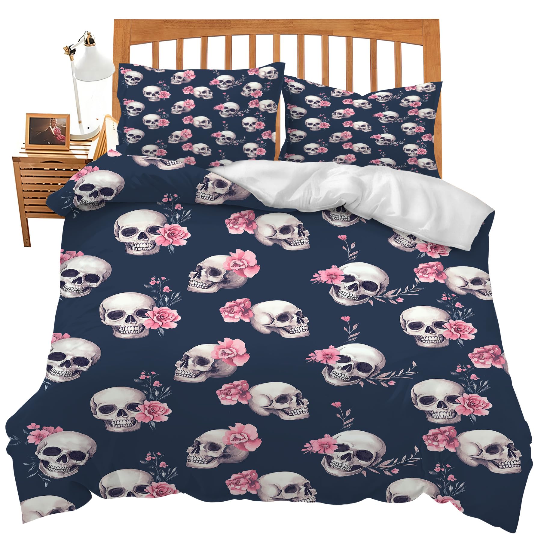 Skull Comforter Set Twin Size, Gothic Skull Print Comforter Cover Skull Gifts for Women, Goth Skeleton Bedding Decor Duvet Quilt Cover Set with 2 Pillowcases for Adults Kids Girls Teens