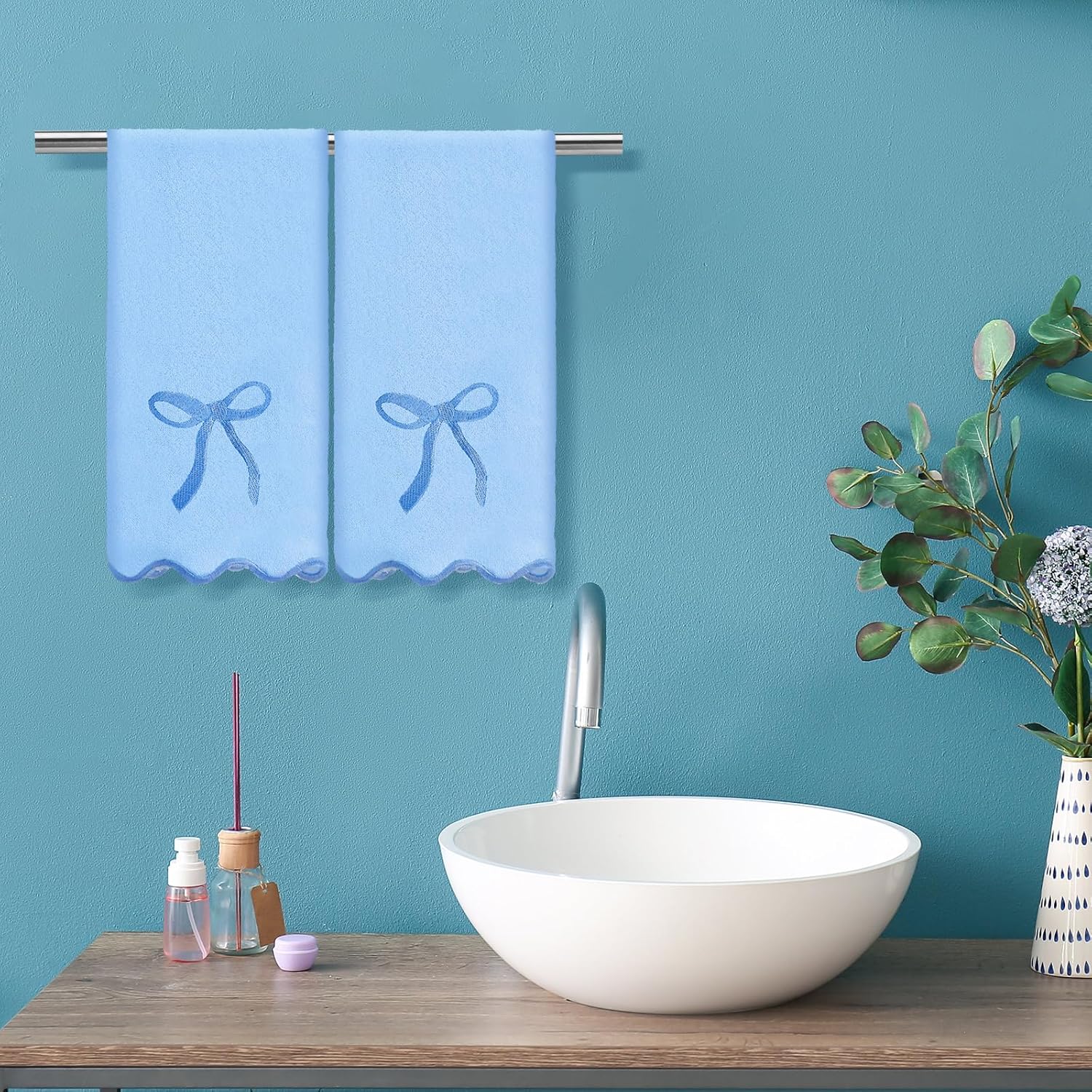 2 Pcs Blue Scalloped Hand Towels for Bathroom 26 x 13 Embroidery Coquette Bow Hand Towels 100% Cotton Soft Absorbent Boho Bath Decor for Kitchen Bathroom - Image 4
