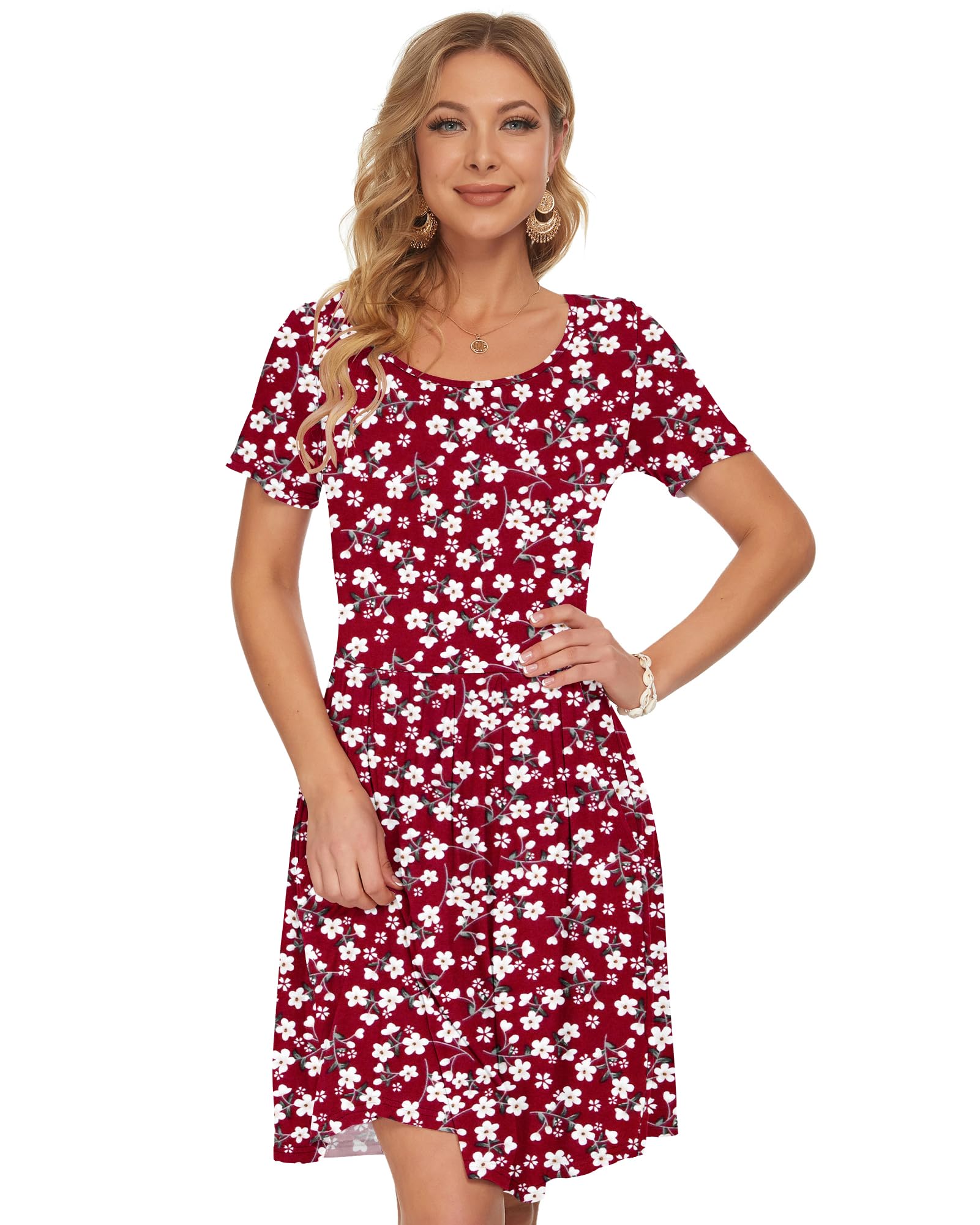 AUSELILY Robe décontractée à Manches Courtes plissée avec Poches Longueur Genou
