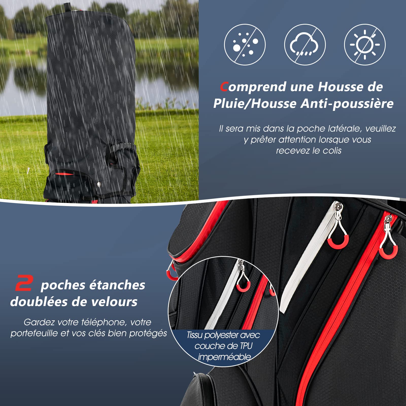 GOPLUS Sac de Chariot de Golf, Sac de Golf léger et Portable avec 14 Compartiments séparés et 8 Poches zippées, y Compris Sac Isotherme et Poches étanches (Noir)