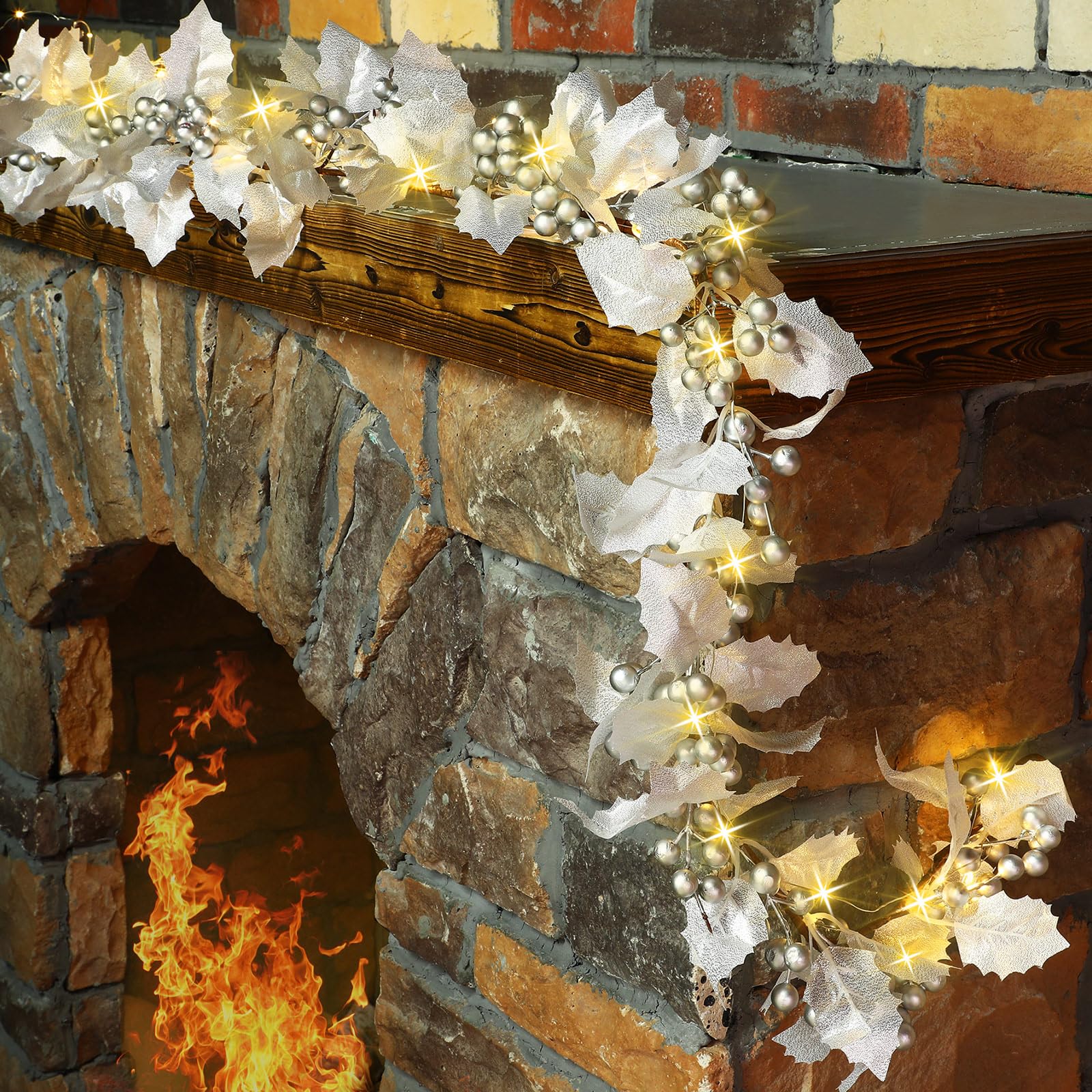 Syhood Guirlande de baies de Noël de 1,8 m - Guirlande lumineuse de feuilles de houx - Guirlande artificielle d'intérieur - Décoration d'automne et de Noël - Guirlande lumineuse pour cheminée,
