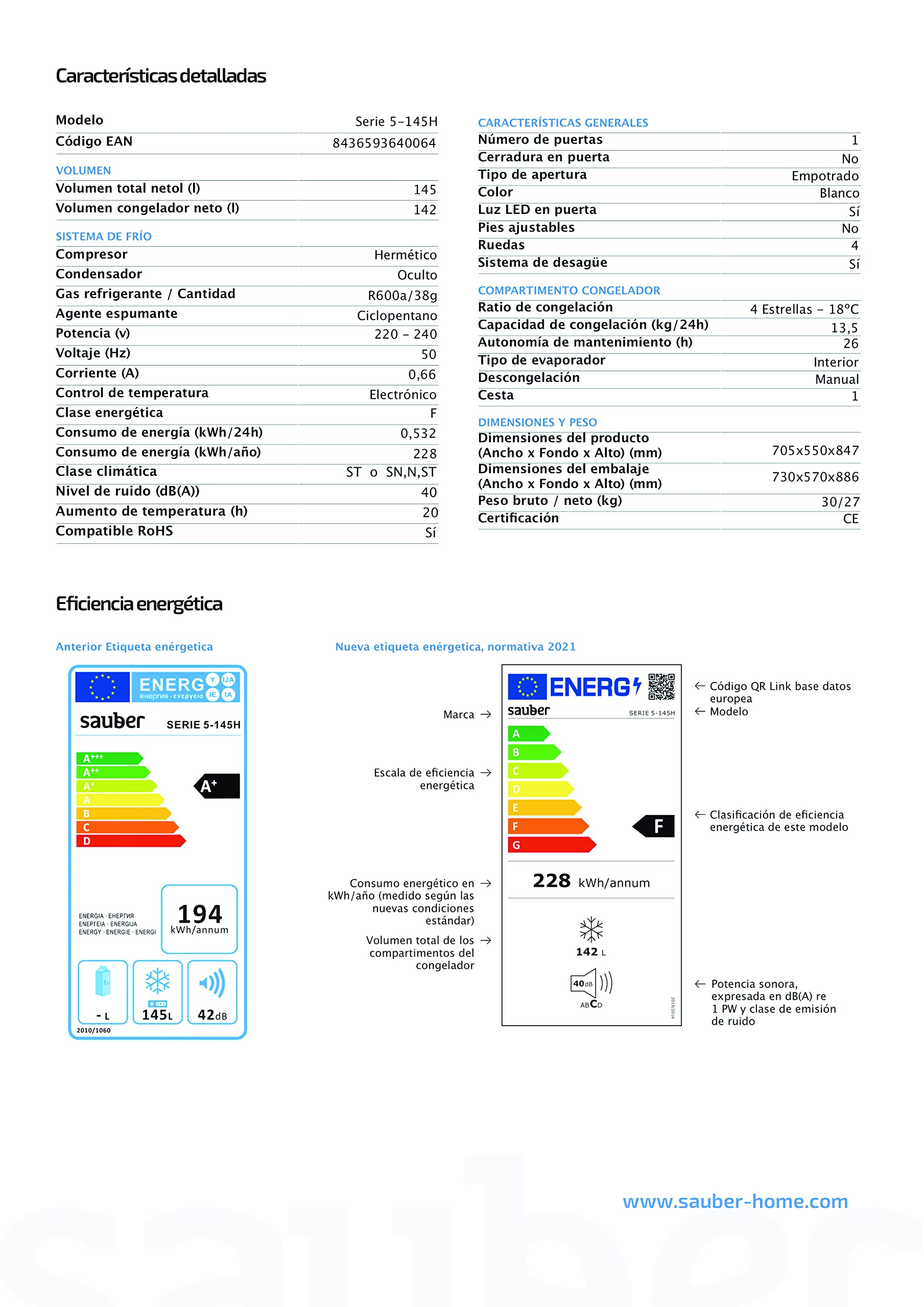 Sauber - Congelador Horizontal SERIE 5-145H - Eficiencia energética: F - Ancho: 70,5 cm - 145 litros - Función DUAL Frigo/Congelador - ENTREGA Y RETIRADA USADO EN DOMICILIO