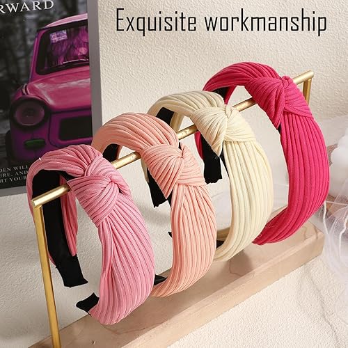 Miniatura 3 de Drnytunk Paquete de 4 diademas anchas anudadas para mujeres y niñas, lindas envolturas para la cabeza en color sólido, accesorios antideslizantes