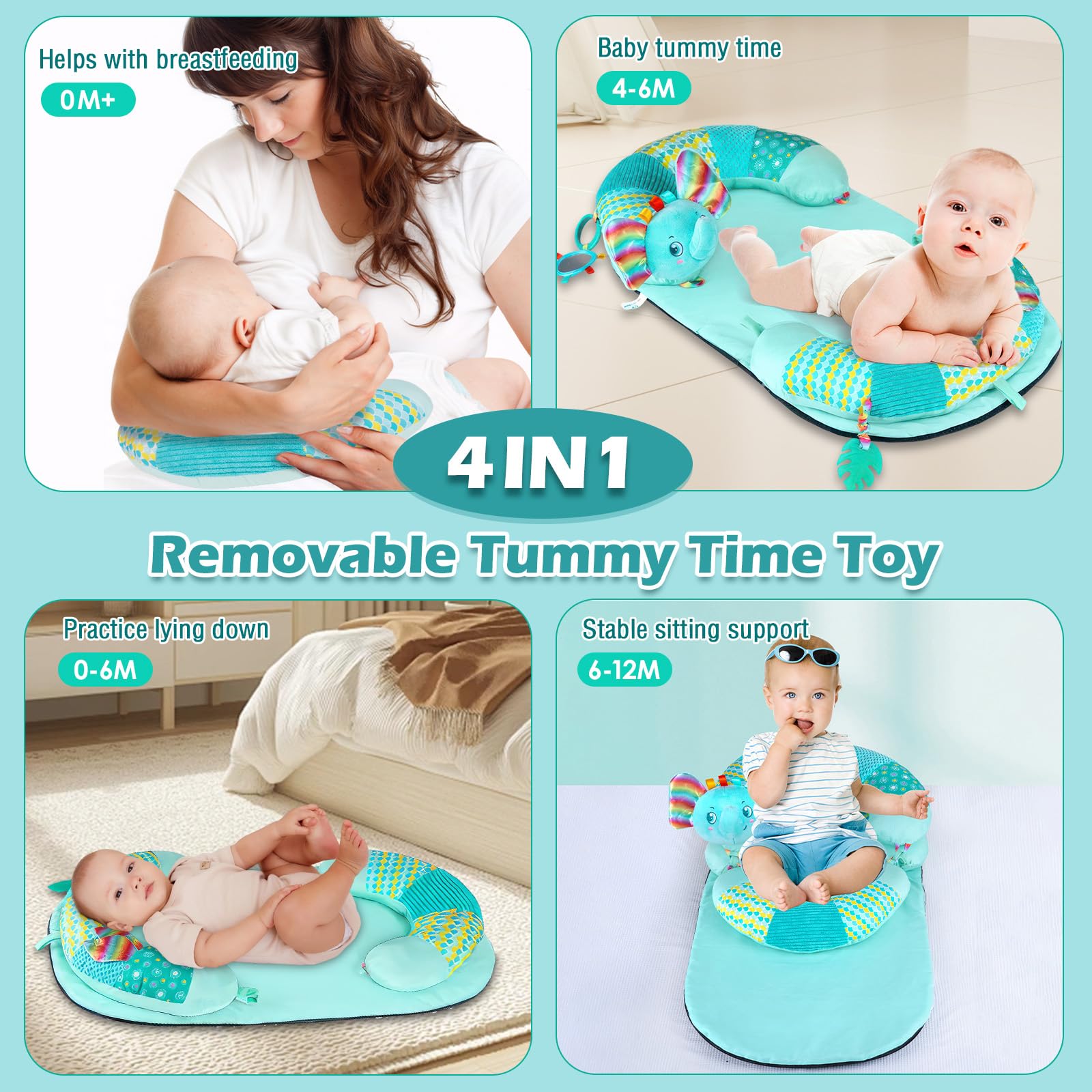 Weinsamkeit Baby Spielzeug 3 6 9 12 Monate, Tummy Time Toys, 3 in 1 Abnehmbares Elefant Spielkissen, Bauchlage Helfen Sitzen Stützen Babyspielzeug 0-12 Monate mit Rassel, Spiegel, Beißring
