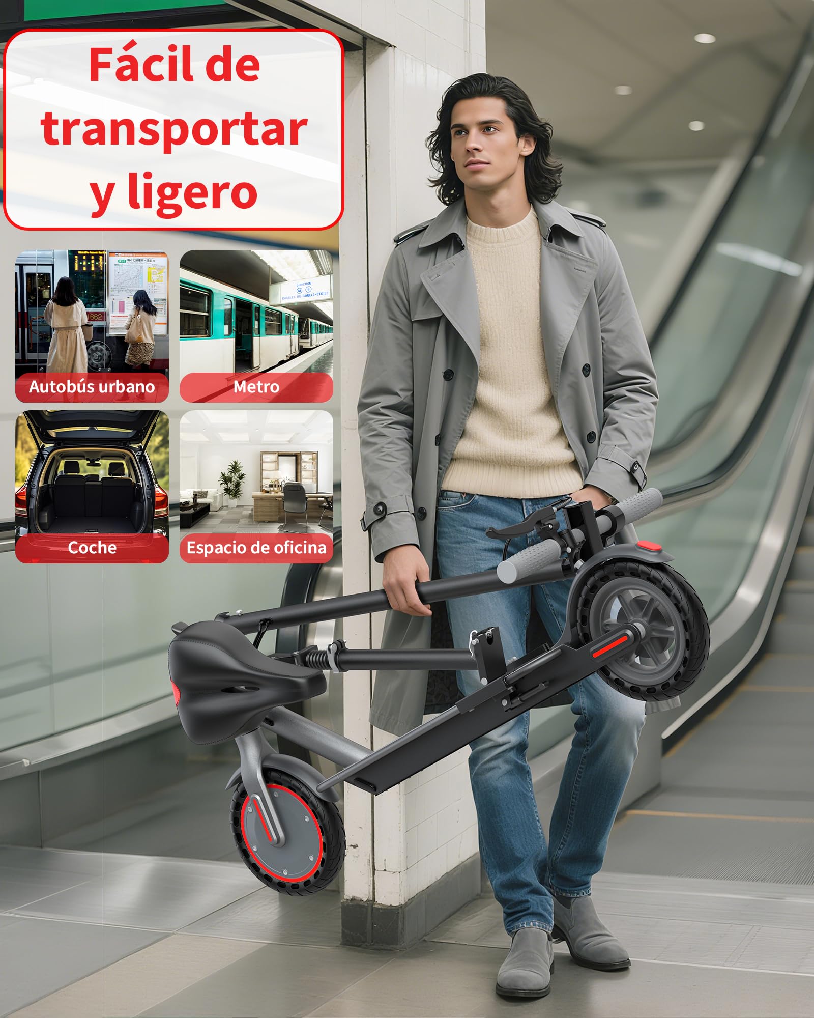 Patinete Eléctrico Adultos, Scooter Electrico Plegable，Ruedas 8,5” Patin Electric, Doble Frenos de Disco