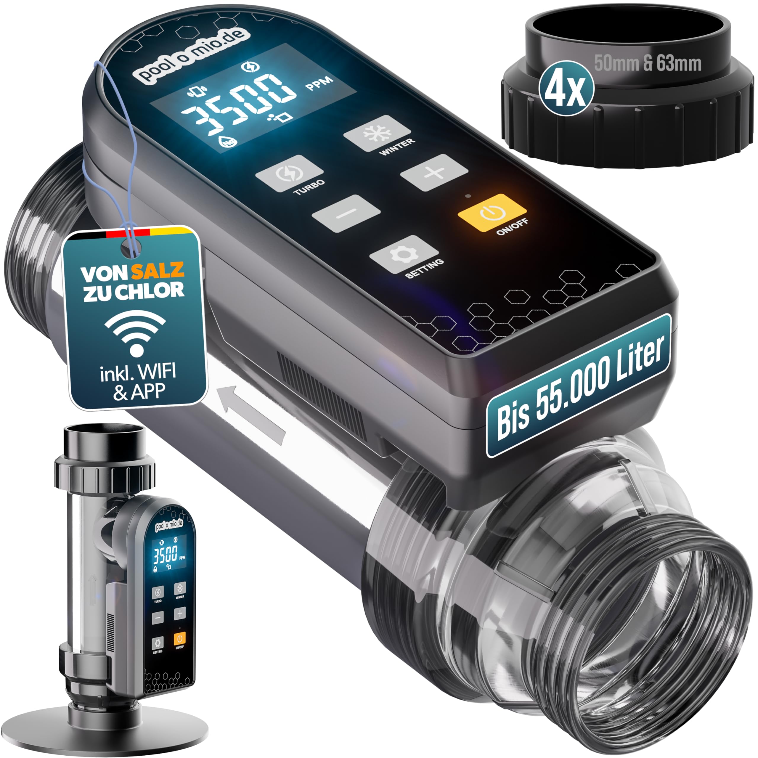 poolomio® Chlorinator Pool bis 55.000L | Salzelektrolysegerät 15g/h mit Smarter App-Steuerung & Titanzelle | Salzanlage zur chemiefreien Wasserpflege | Pool Salzwassersystem mit Dosierautomatik