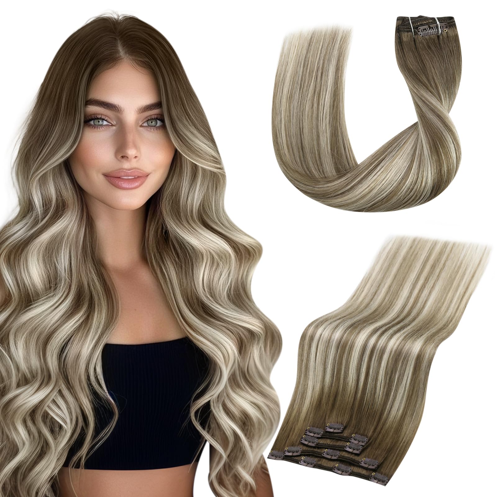 Vivien Brown Clip in Hair Extensions Darkest Brown to Light Brown Balayage Hair Extensions for Women Clip in Hair Extensions Human Hair 22 Inch 120g 7pcs #2/8/2 — view 25