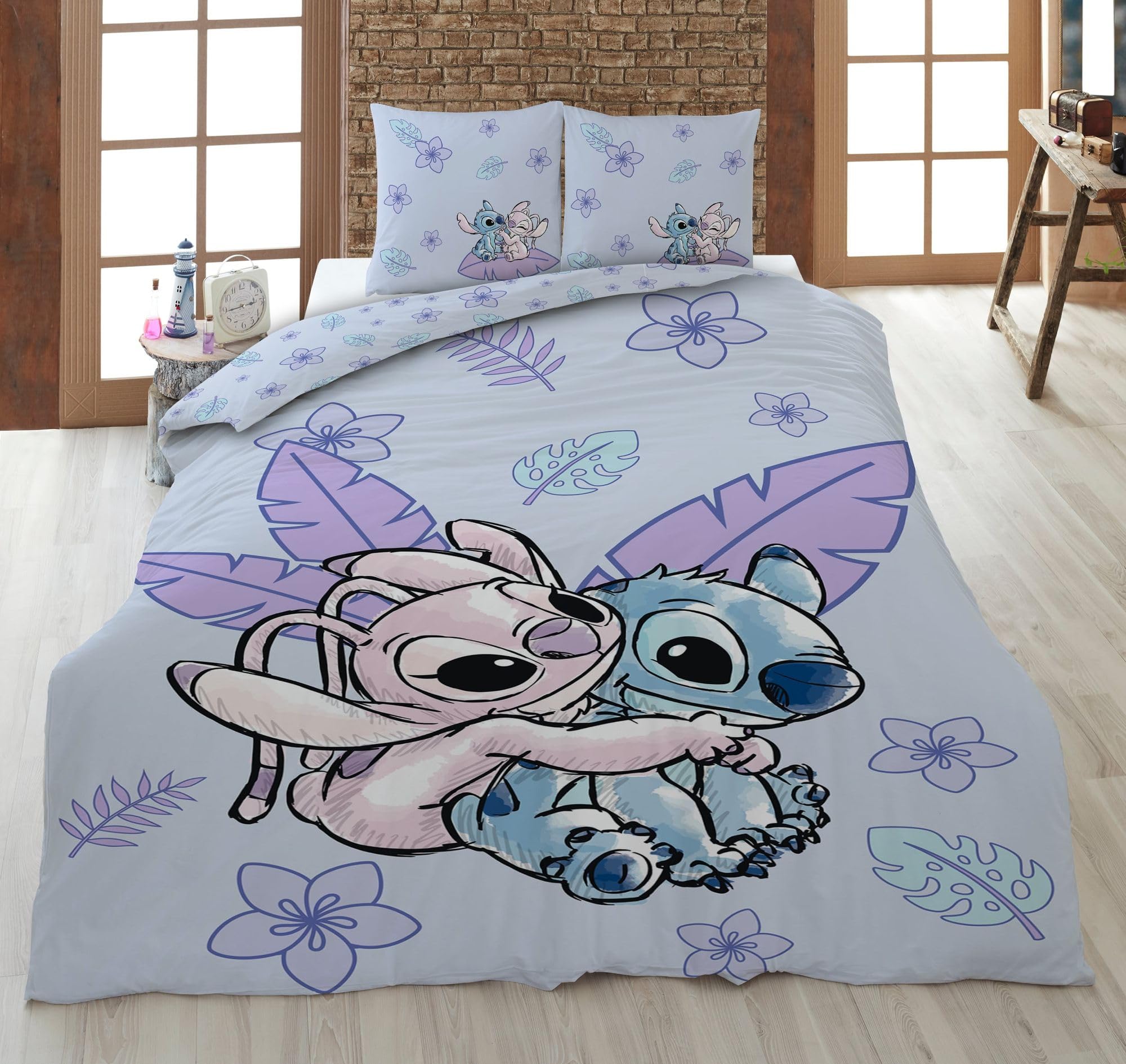 Jerry Fabrics Stitch Ohana Omkeerbaar beddengoed 100 x 135 cm en kussen dekbedovertrek set | 100% katoen | kinderbed