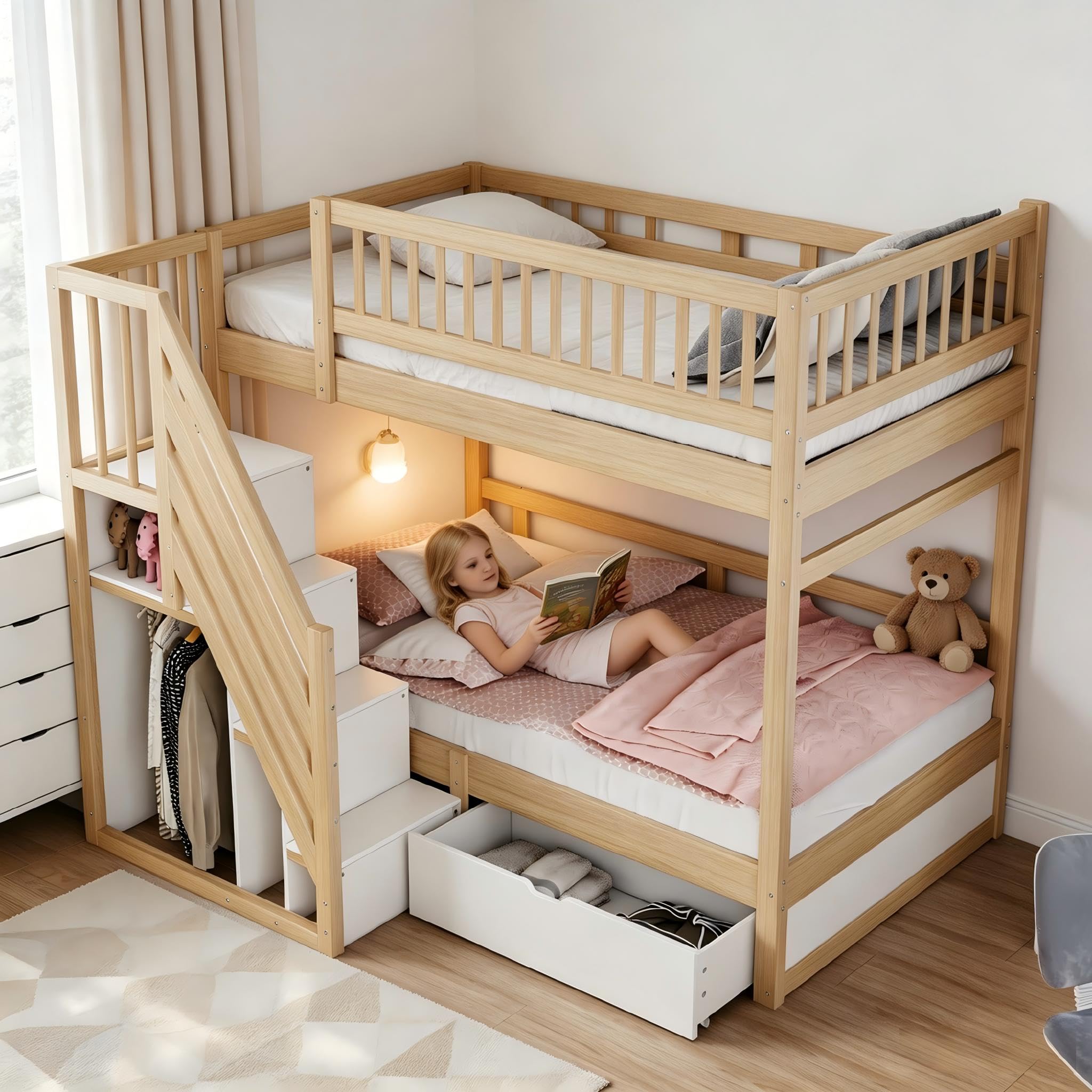 Su & Chan Legence Hochbett 90x200 cm mit Treppe, Stauraumschränken und Schublade, Etagenbett aus Massivholz mit hohem Geländer für Kinder, ohne Matratze, Holzfarbe