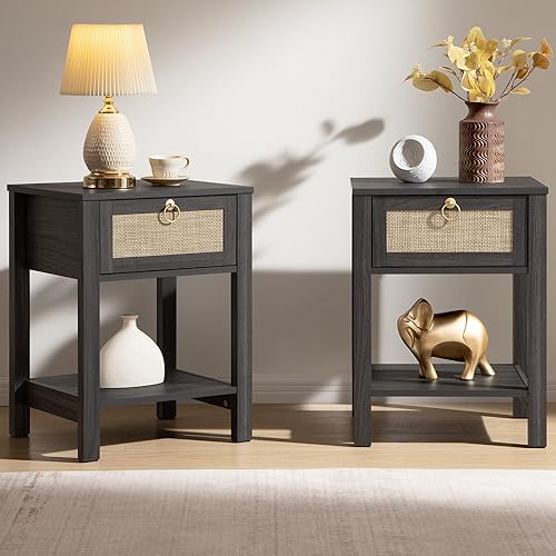 SICOTAS Rattan Nightstand Set of 2, Rattan Decor Drawer with