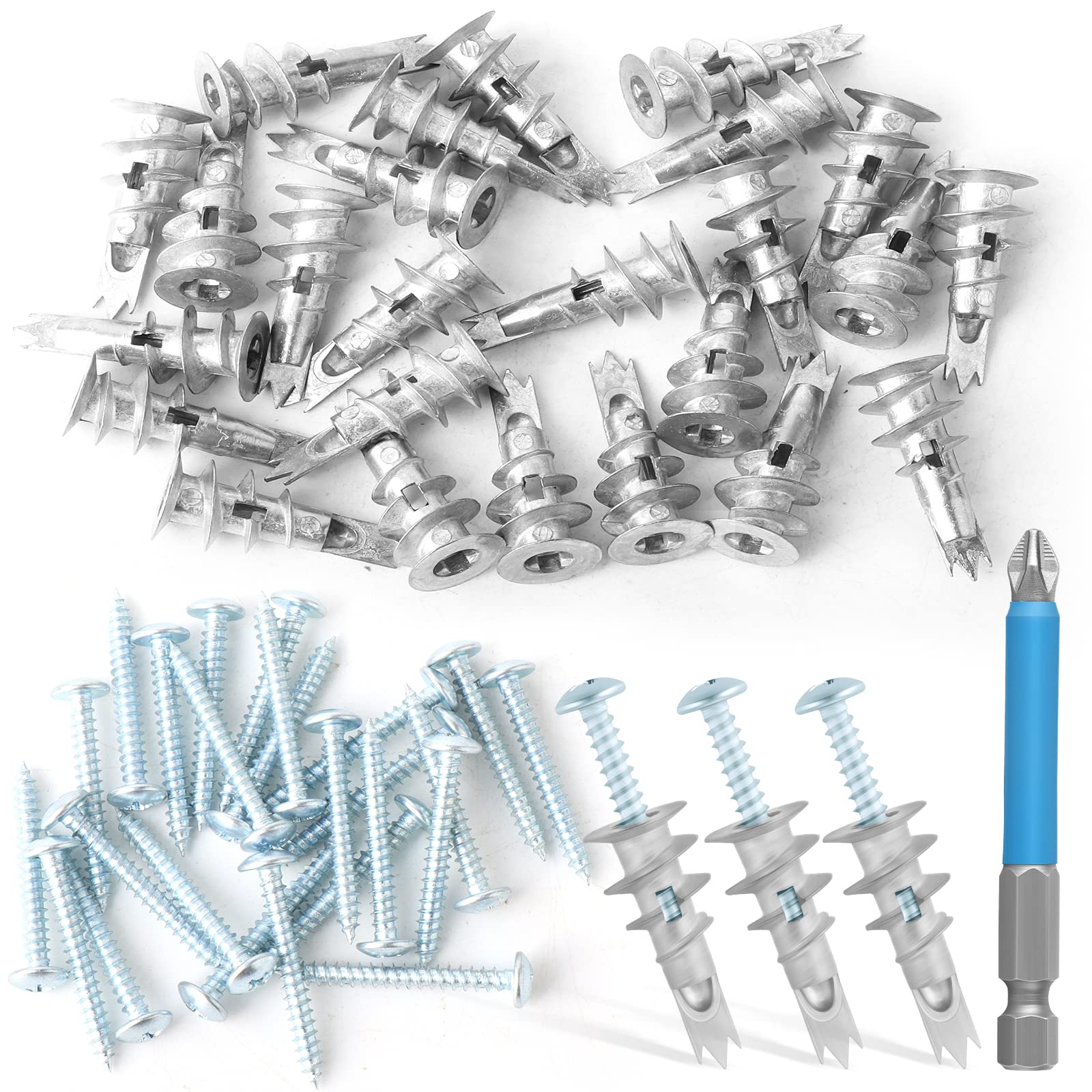 50pcs Zinc Self-Drilling Drywall Anchors, Anchor and Screw Combination with Cross Groove Drill Bit, Heavy Duty Metal Wall Anchors with Self-Tapping Screws