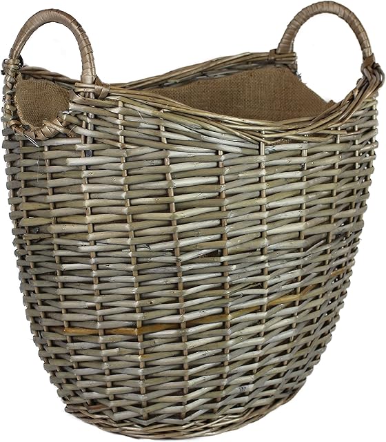 Oval Grey & Antiqued Wicker log baskets. Hessian lined. Wood & kindling storage for home hearths and fireplace. Large wood burner bin (Hoop Handle, 44 cm)
