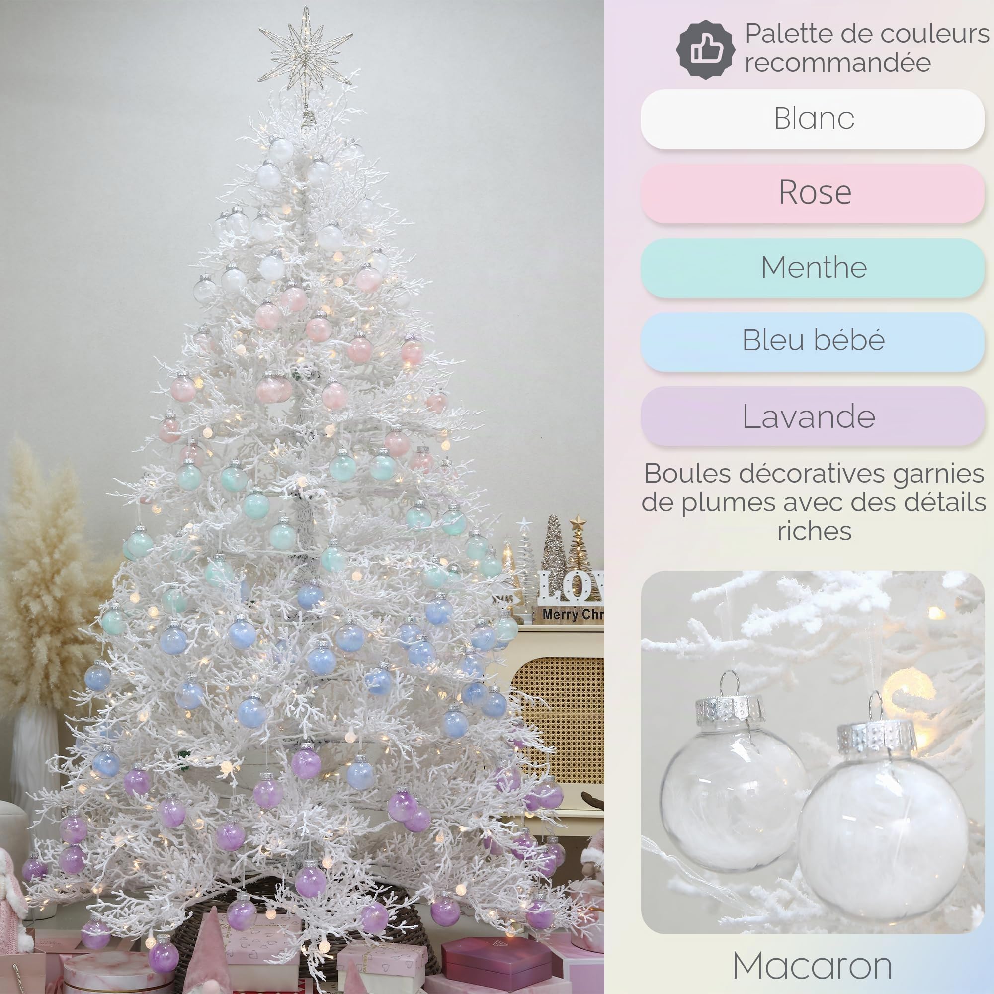 Sea Team Lot de 25 boules de Noël transparentes remplies de plumes, boules décoratives à suspendre avec plumes, décorations en plastique incassable pour sapin de Noël, couronne, guirlande, 60 mm/2,36