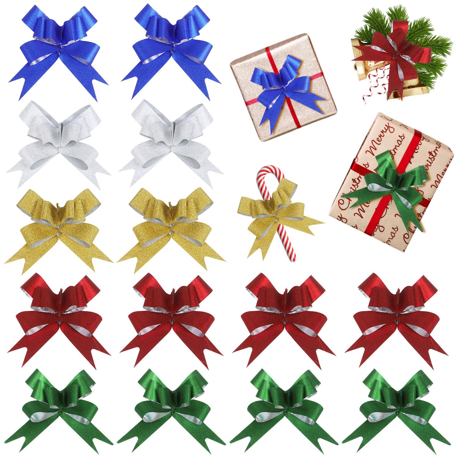 240Pcs Christmas Bows, Glittering Bows for Gift Wrapping Ribbon Christmas Pull Bows for Xmas Gifts Birthday Wedding New Year Holiday Present Baskets Bottles Floral Christmas Decorations, Easy to Use