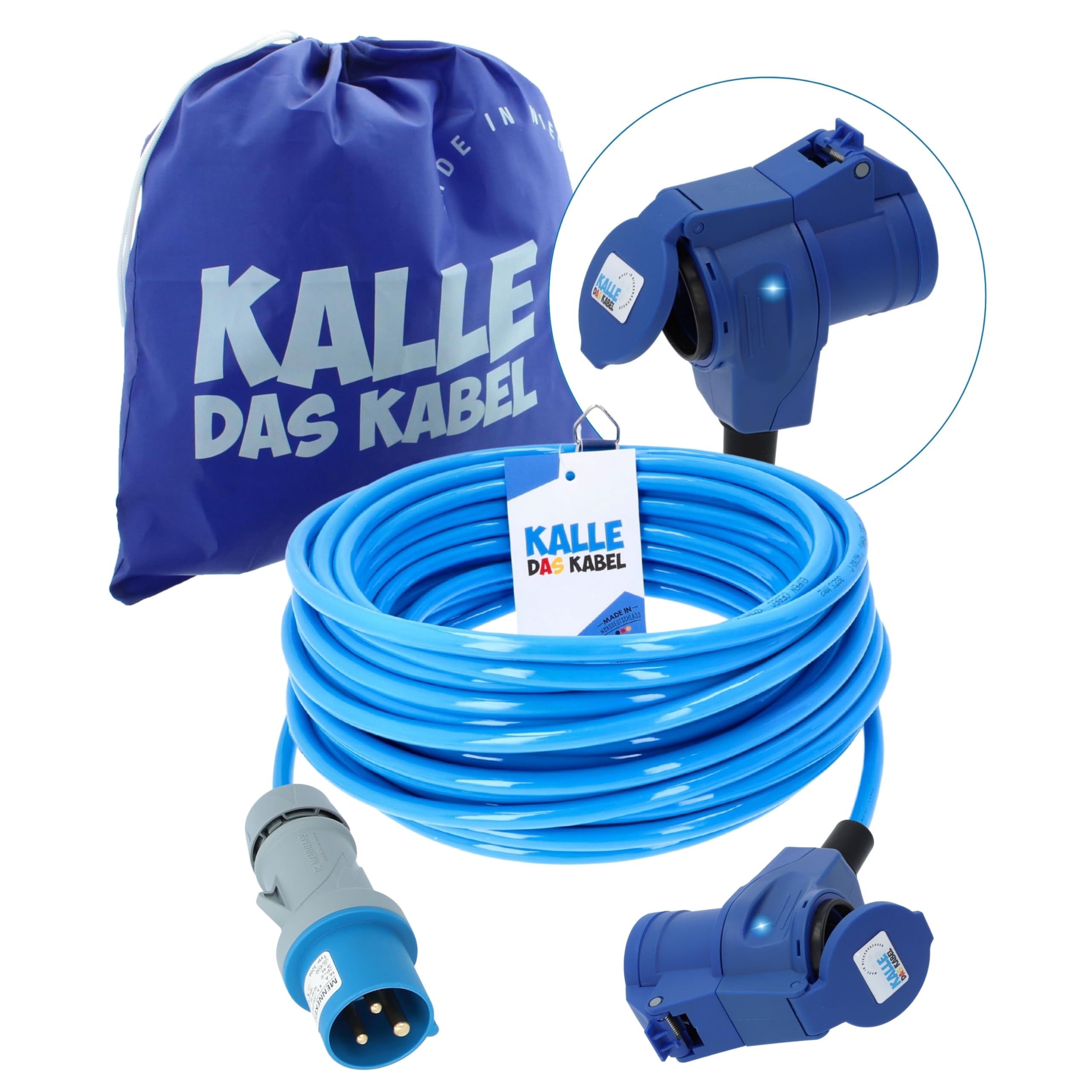 KALLE DAS KABEL CEE Verlängerungskabel 230V 16A – H07BQ-F 3G 2,5 mm², CEE Stecker auf CEE Winkelkupplung mit Schukosteckdose & LED Spannungsanzeige, IP44, Signal Blau, Camping Caravan 20 Meter