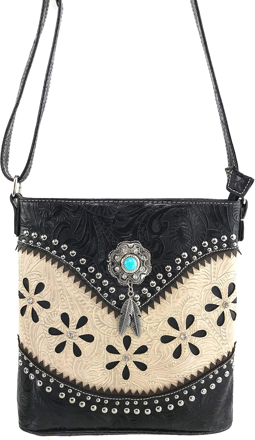 Zelris Floral Western Pu Tooled Leather Turquoise Concho Feathers Women Concealed Carry Crossbody Messenger Bag