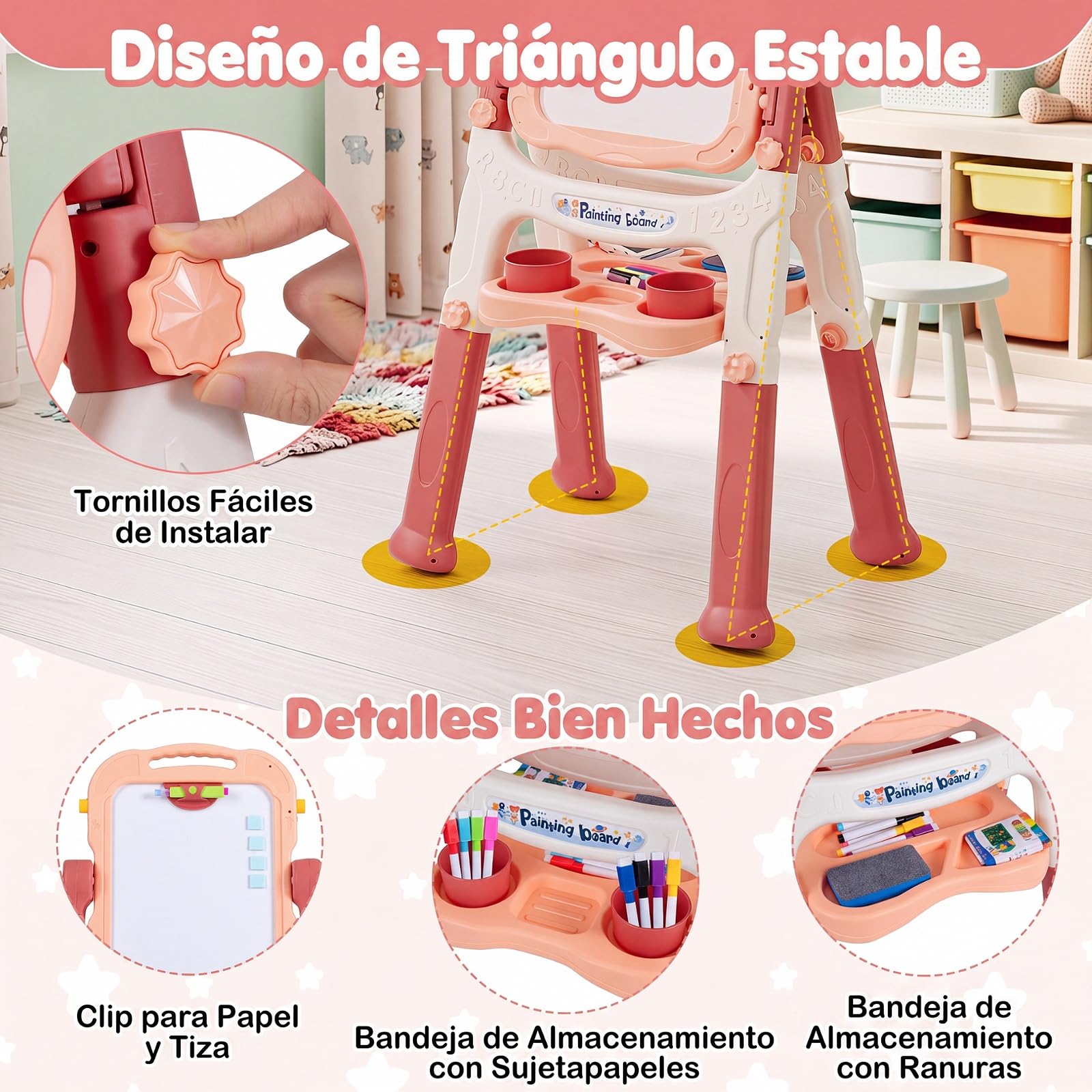 COSTWAY Pizarra Infantil con Doble Cara, Giratorio 360° (Rosa)