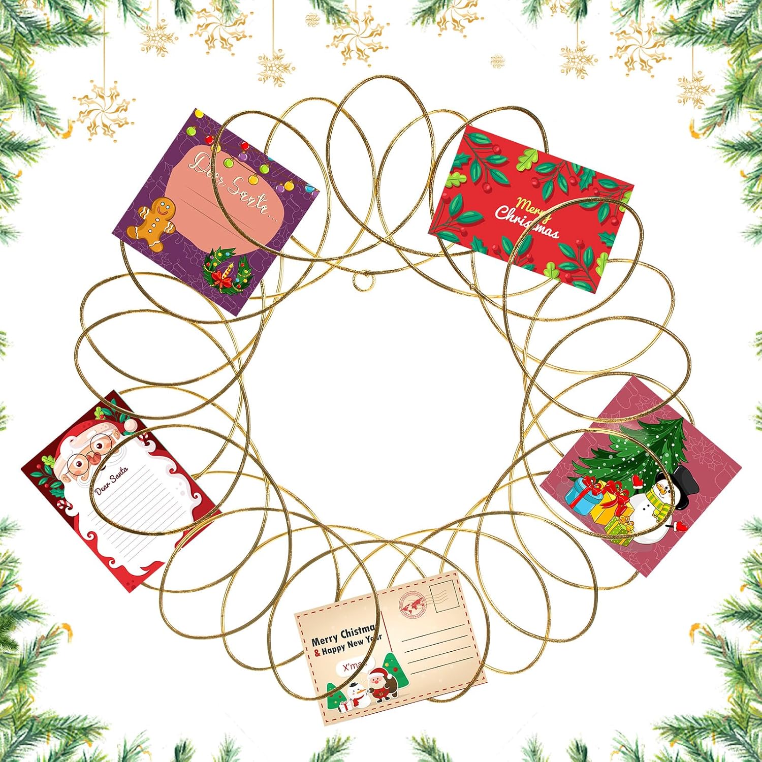 Chuangdi Christmas Card Wreath Holder 16 Inch Metal Wreath Greeting Card Holder Xmas Cards Wall Display Wire Loop Holiday Wall Hanging for Home Over The Door (Retro Color)