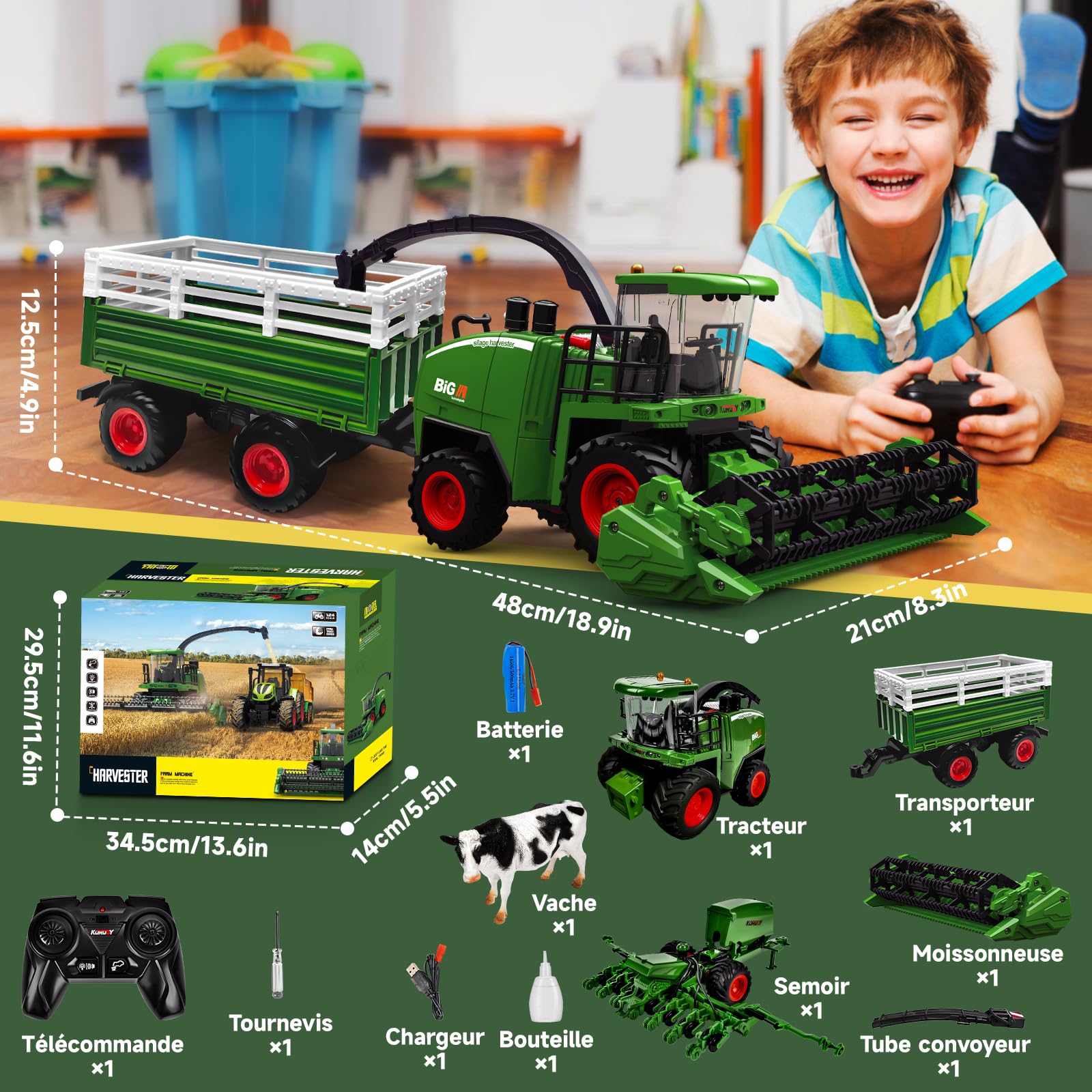 Ulikey Moissonneuse Batteuse Télécommandée 2,4 GHz Tracteur Électrique Enfant avec Lumière Remorque Jouet Ferme Cadeau Anniversaire 3-7 Ans