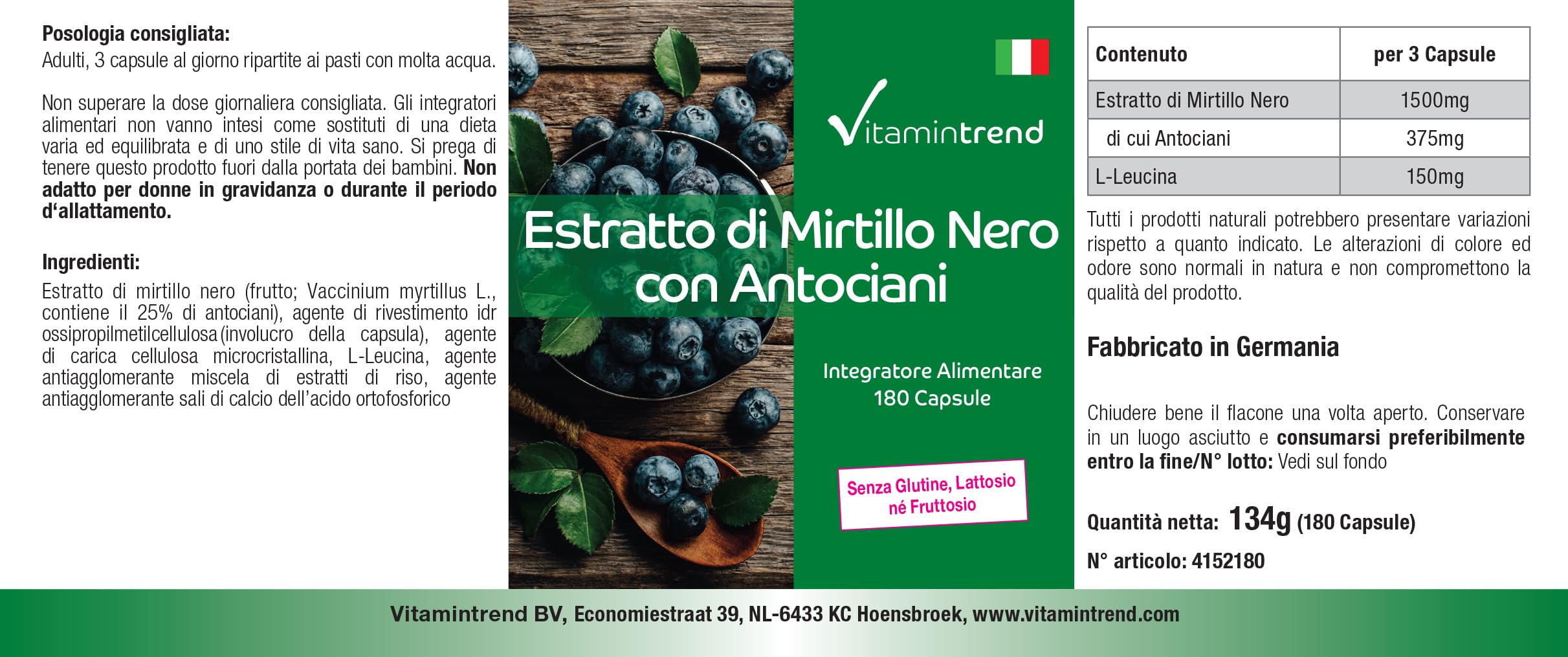 Vitamintrend Extrait de myrtille avec 25% d'anthocyanes, 180 gélules, hautement dosé, complément alimentaire végan sans stéarate de magnésium, fabriqué en Allemagne