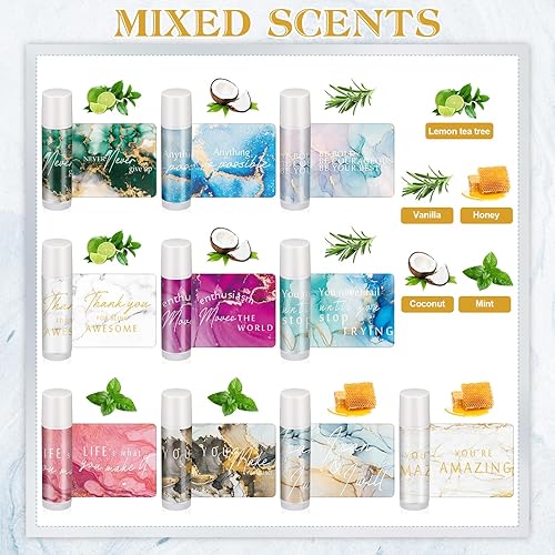 Miniatura 4 de Dansib 50 juegos de bálsamo labial regalos de agradecimiento a los empleados a granel para el equipo hidratante con 50 bolsas de organza marmoleadas