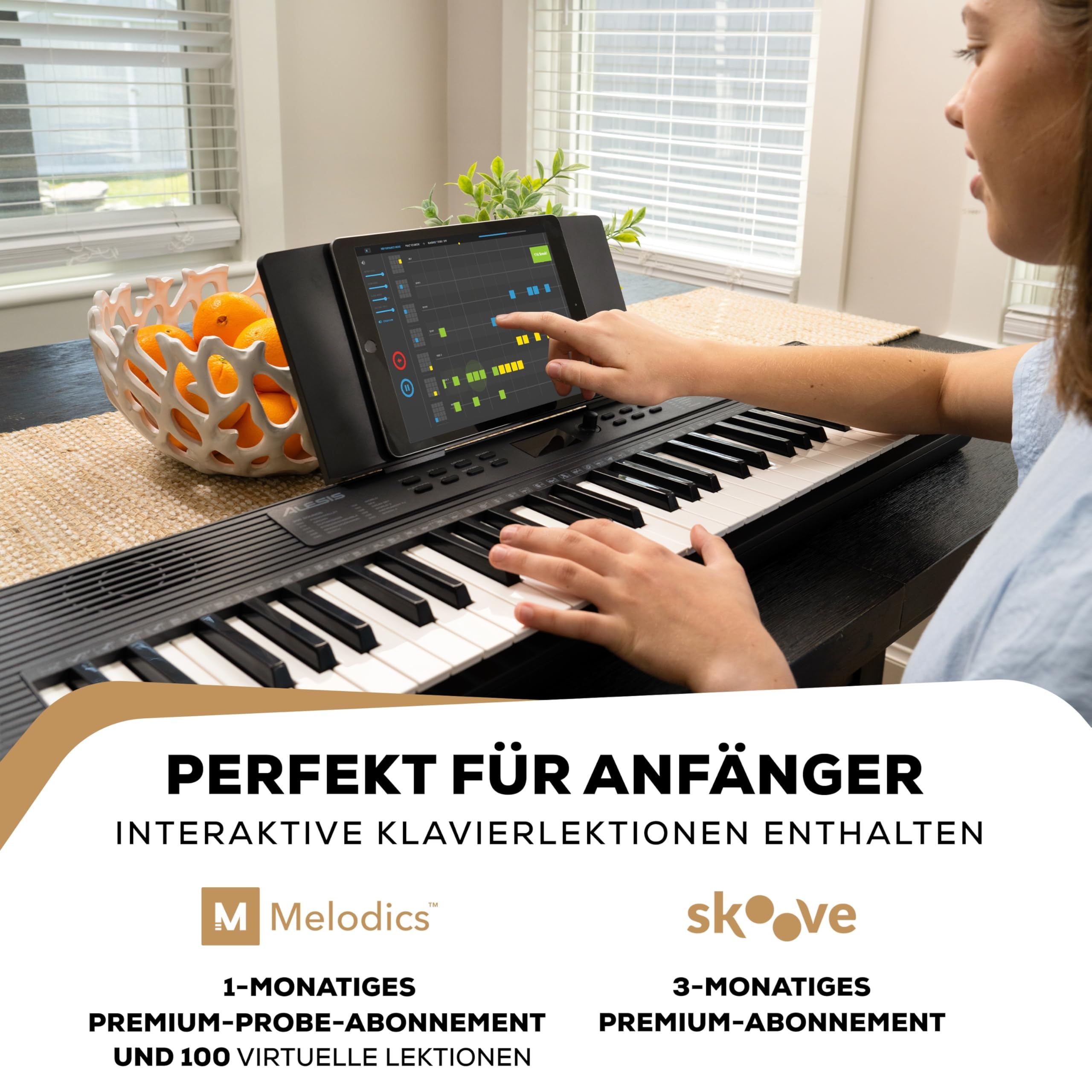 Alesis Melody 61 Keyboard Piano für Einsteiger mit 61 Tasten, Lautsprechern, Tablet-/Notenablage, 300 Sounds und Musiklektionen