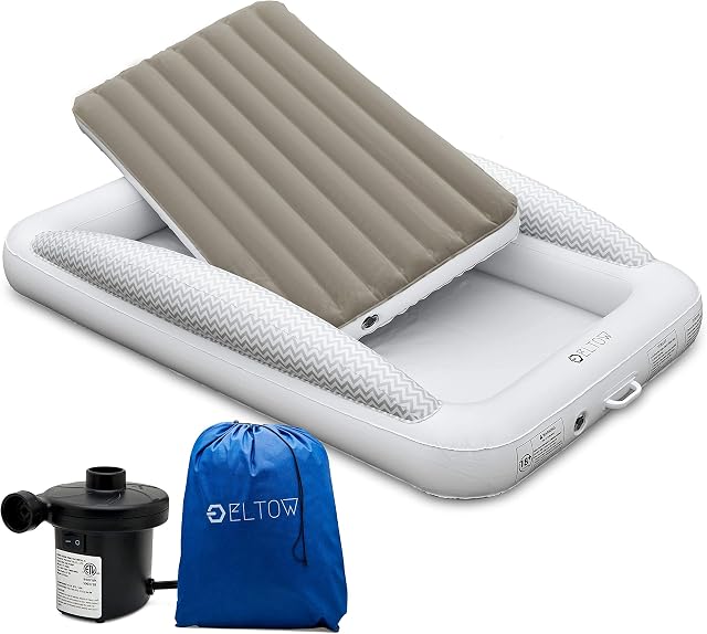 ELTOW Inflatable Toddler Bed Air Mattress with Safety Bumper Portable, Modern Travel Bed, Cot for Toddlers -Perfect for Travel, Camping- Removable Mattress, High Speed Pump and Travel Bag Included
