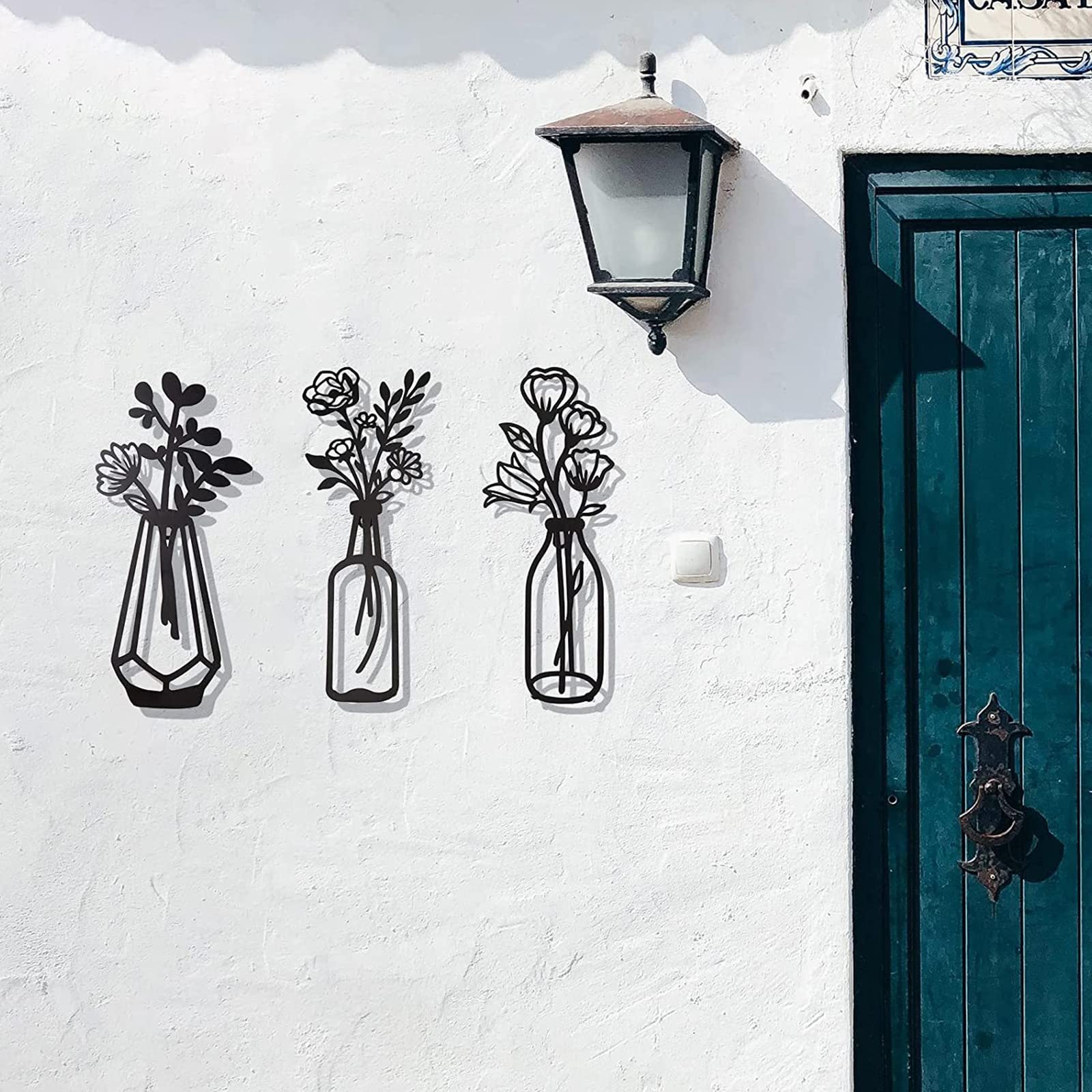 Metall Blumen Wanddekoration Schwarz - 3-teilige Eisen Skulptur