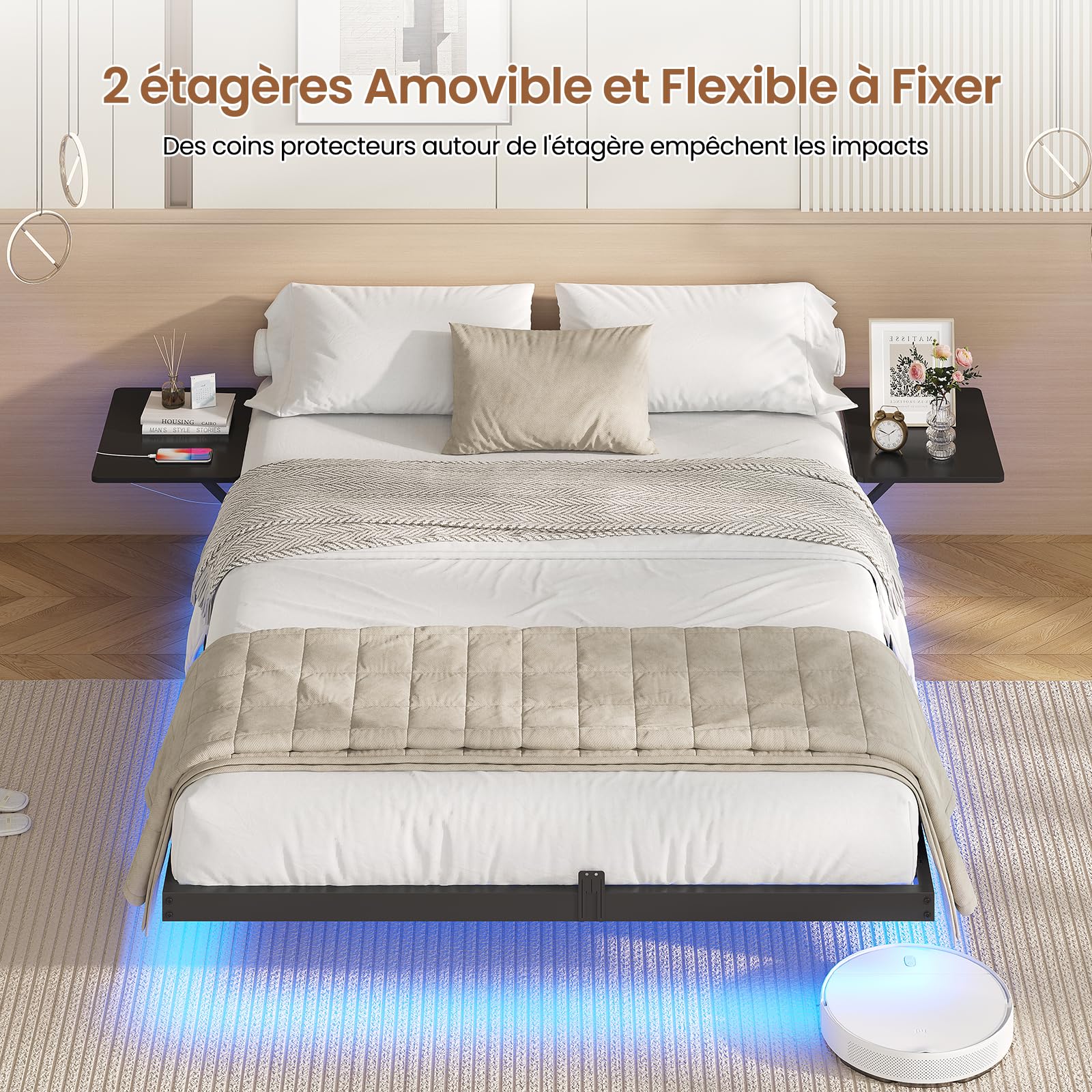 AOGLLATI Lit 2 Personnes avec 2 Étagères de Chevet,Cadre de Lit avec 140 x 190 avec Sommier Métal,Multiprise et Éclairage LED, 24 CM de Rangement pour Chambre, Noir