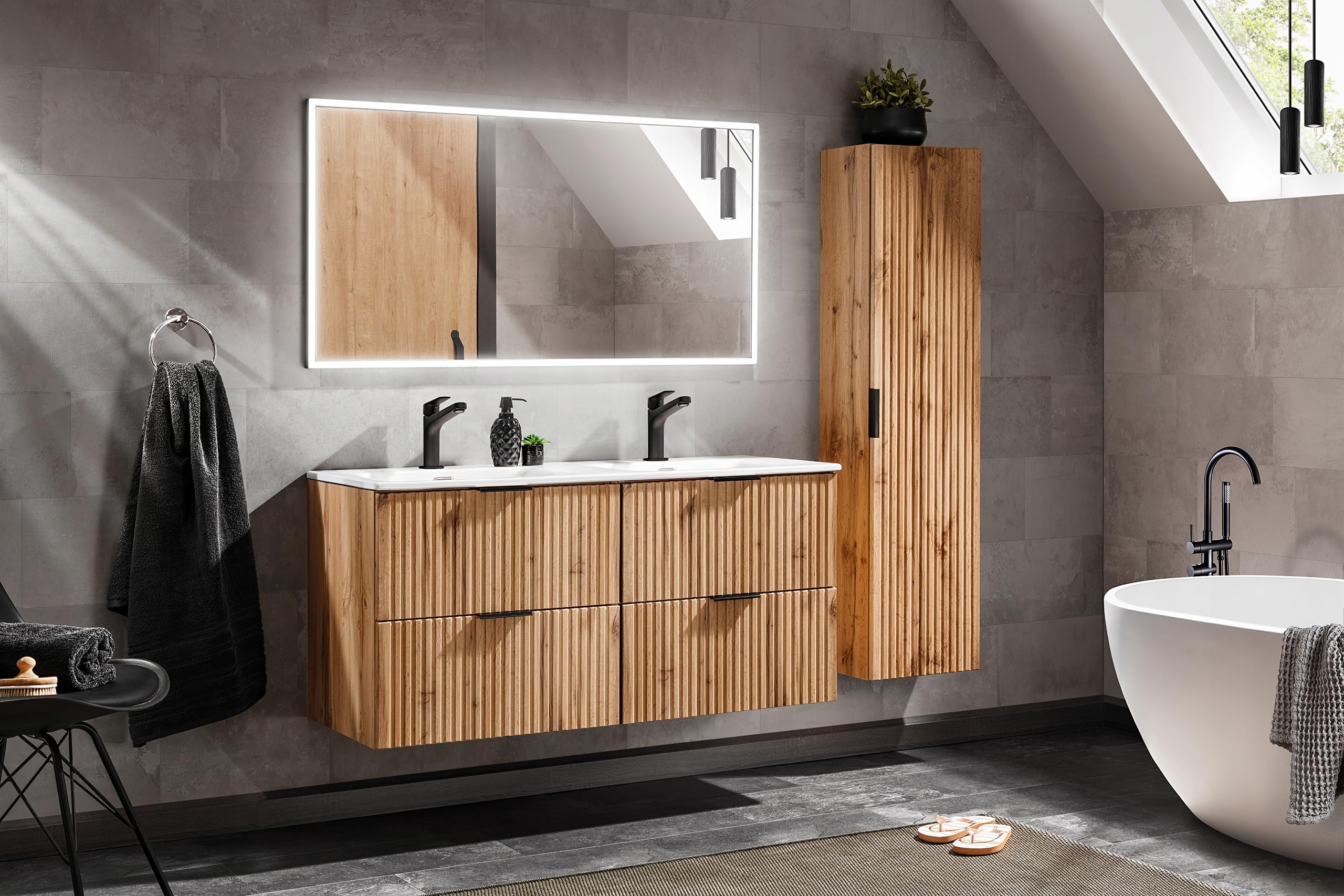 Juego de 2 lavabos suspendidos para baño, 3 asas, roble de 120 cm, mueble de baño